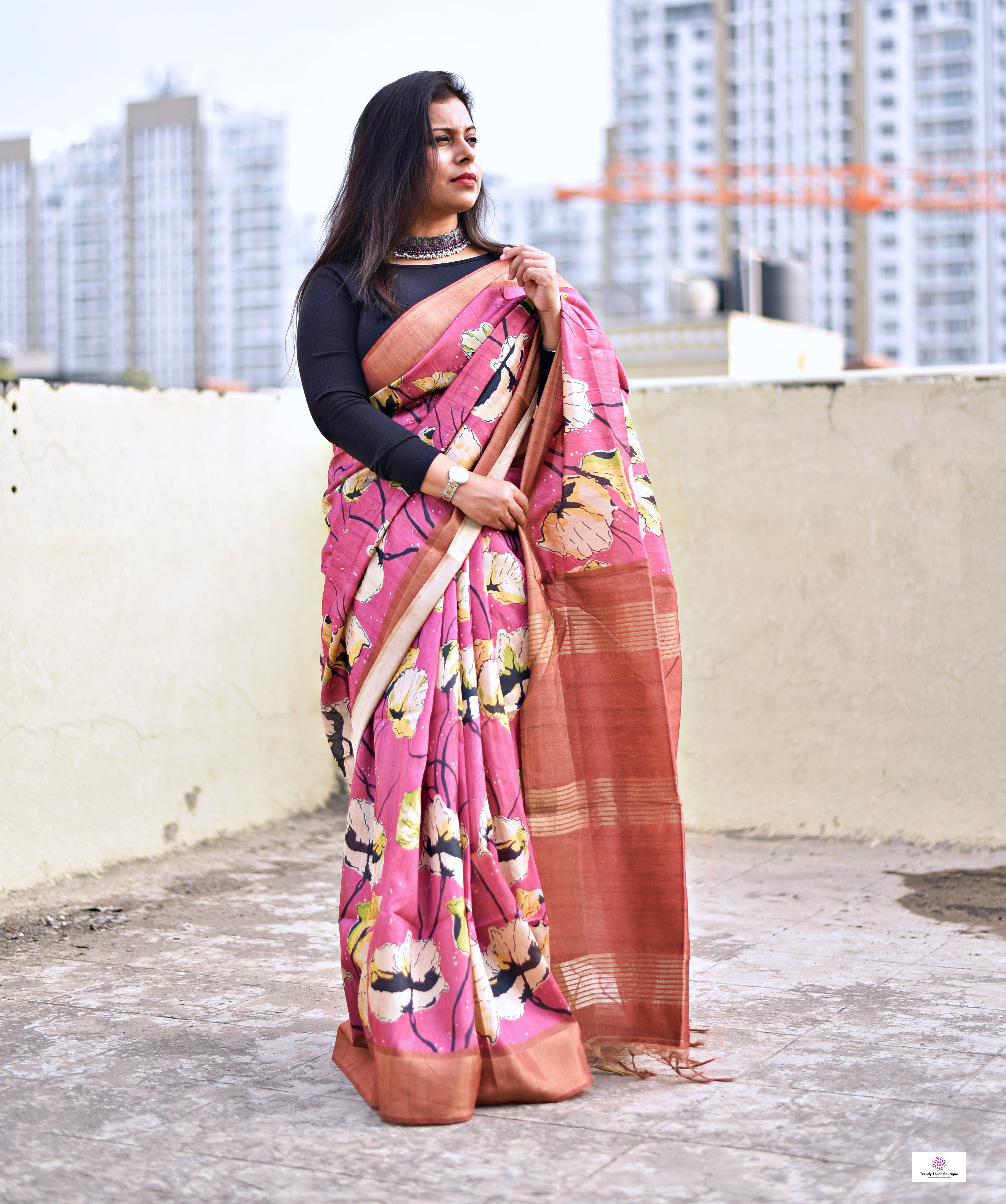 Pink semi tussar silk saree with floral digital print for regular wear and casual function office for women with blouse piece and best price