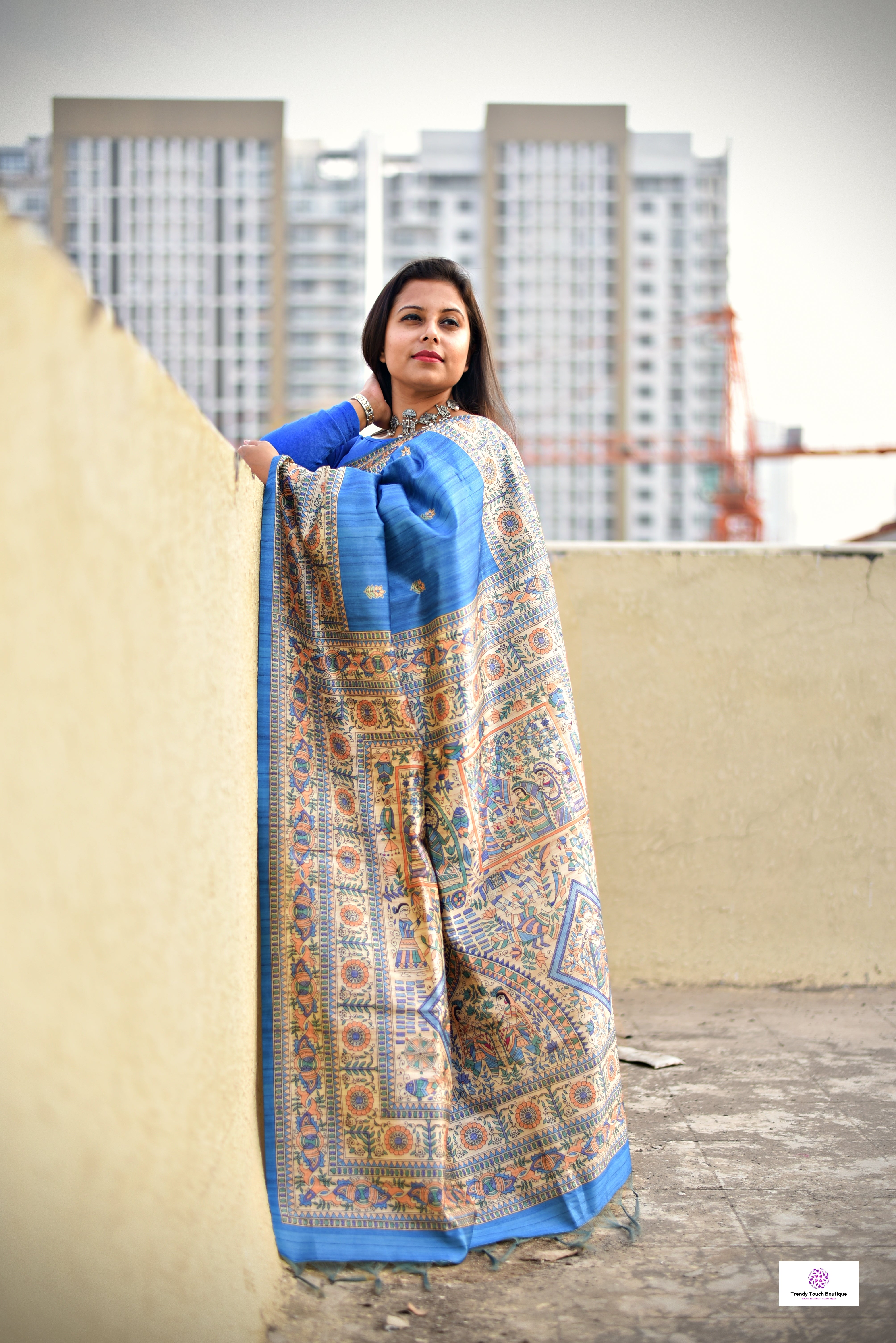 semi ghicha silk blue madhubani digital print saree for regular wear and casual function office for women with blouse piece and best price