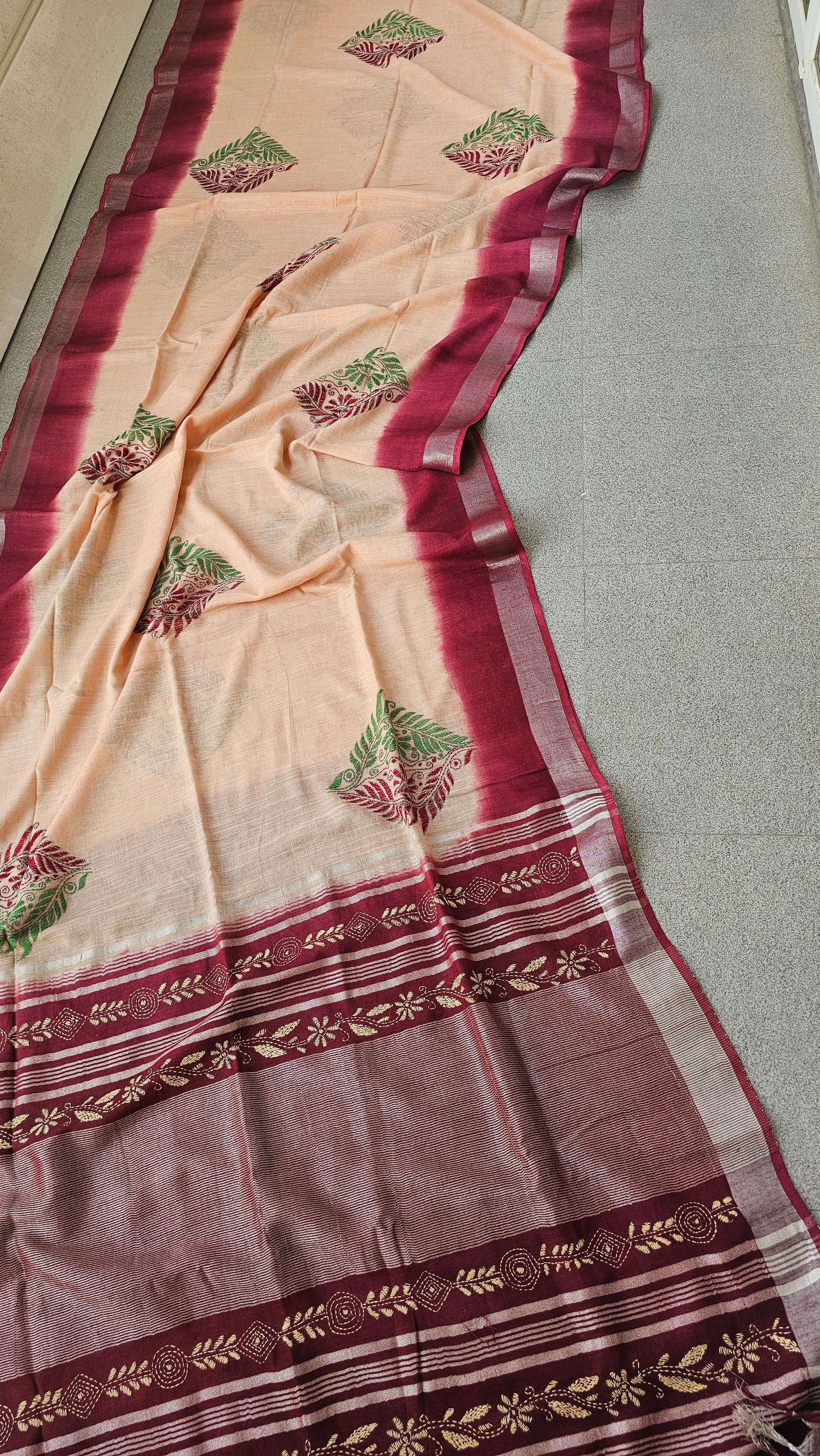 Chandana - Kantha Work - Shibori Tie & Dye Linen Cotton Saree