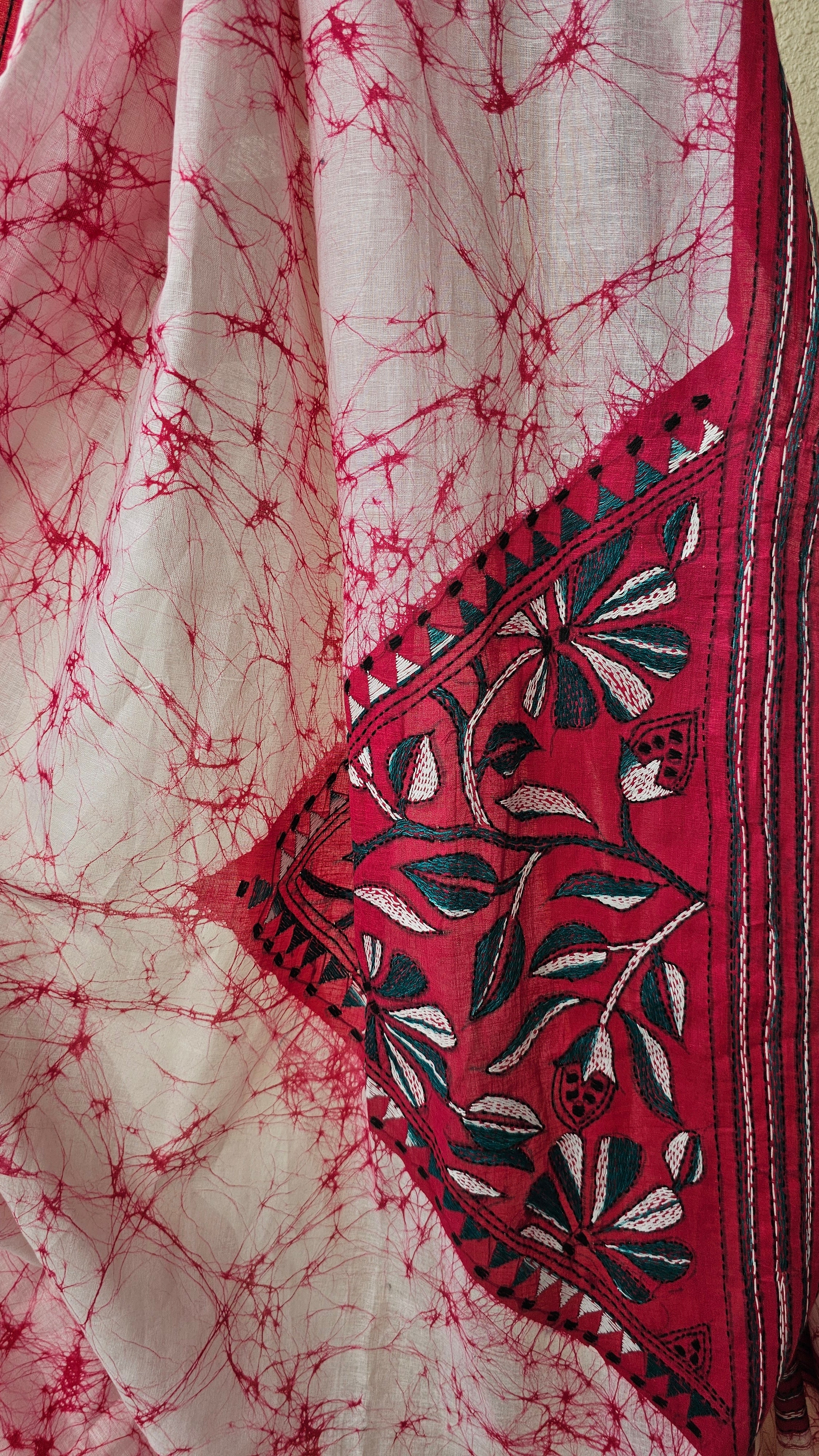 Pink Lily - Kantha Work & Hand Batik - Cotton Saree