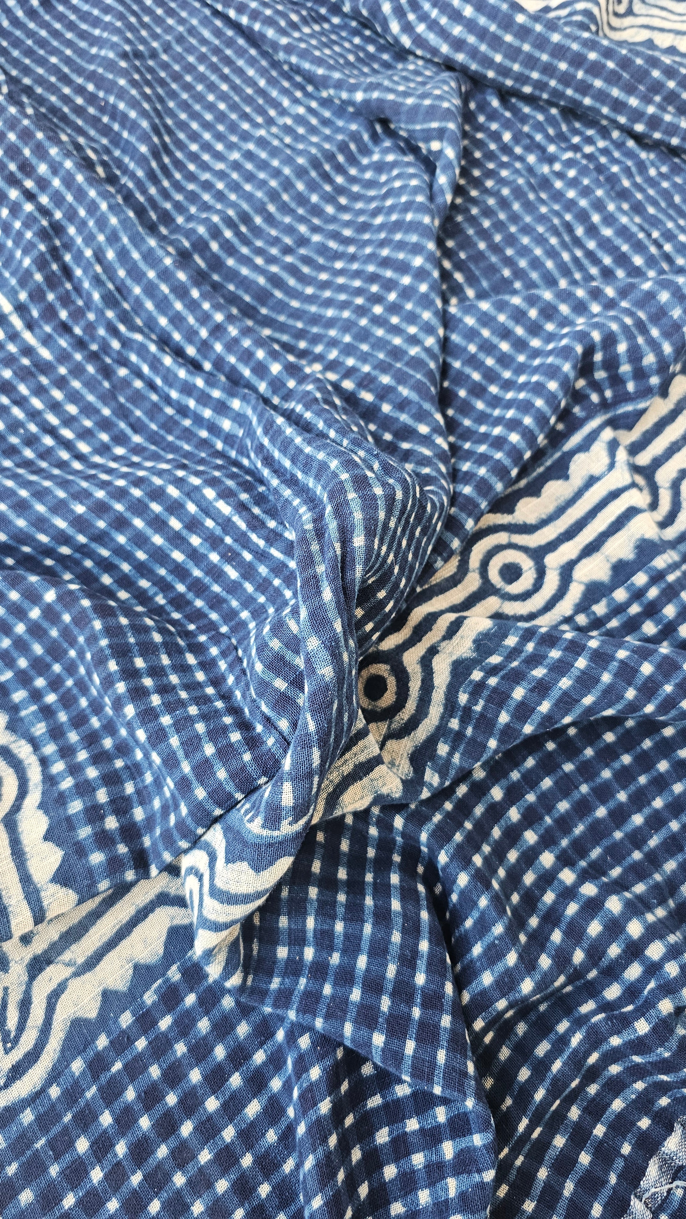 Indigo Check - Hand Block Print - Linen Cotton Saree