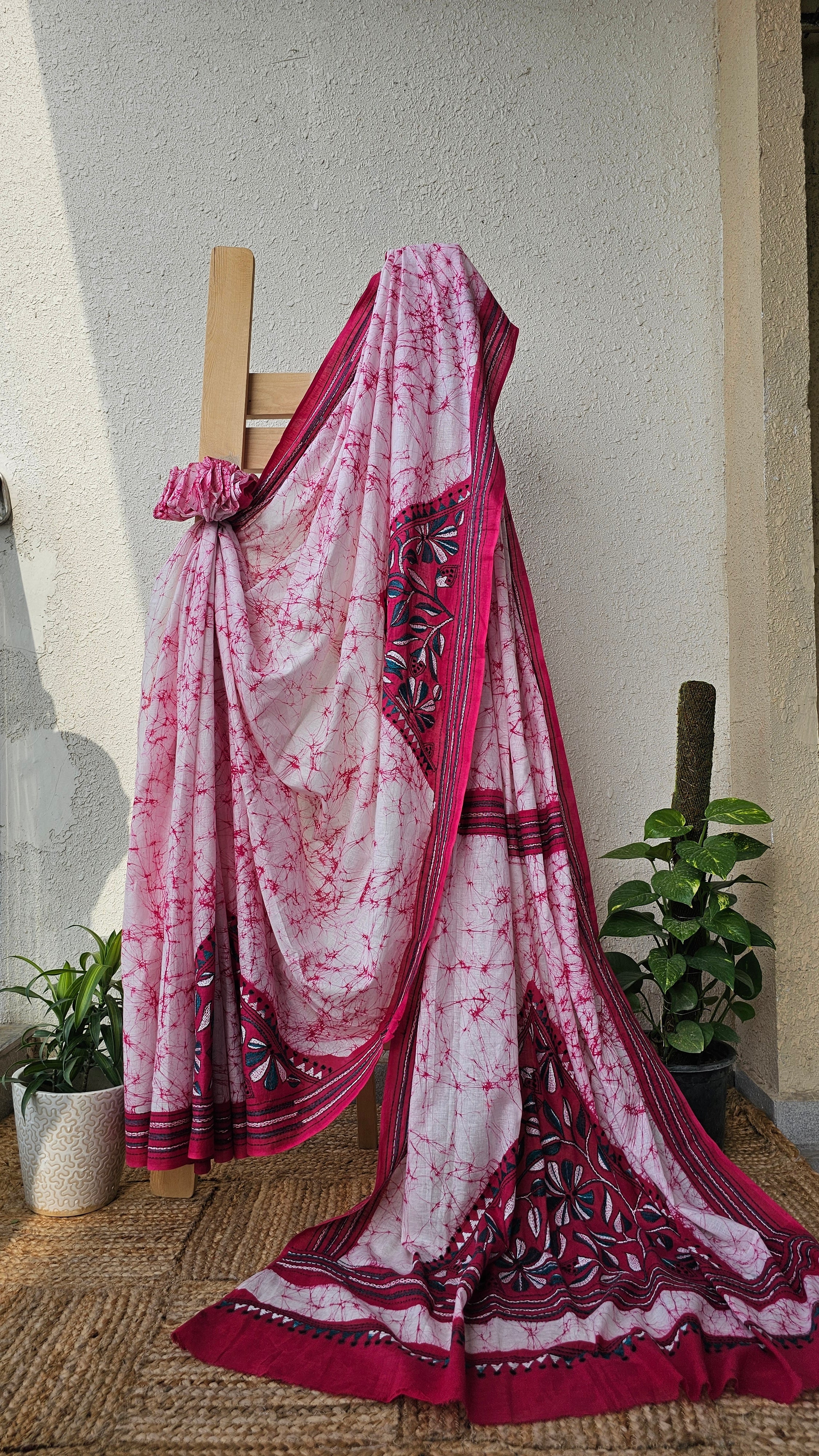Pink Lily - Kantha Work & Hand Batik - Cotton Saree