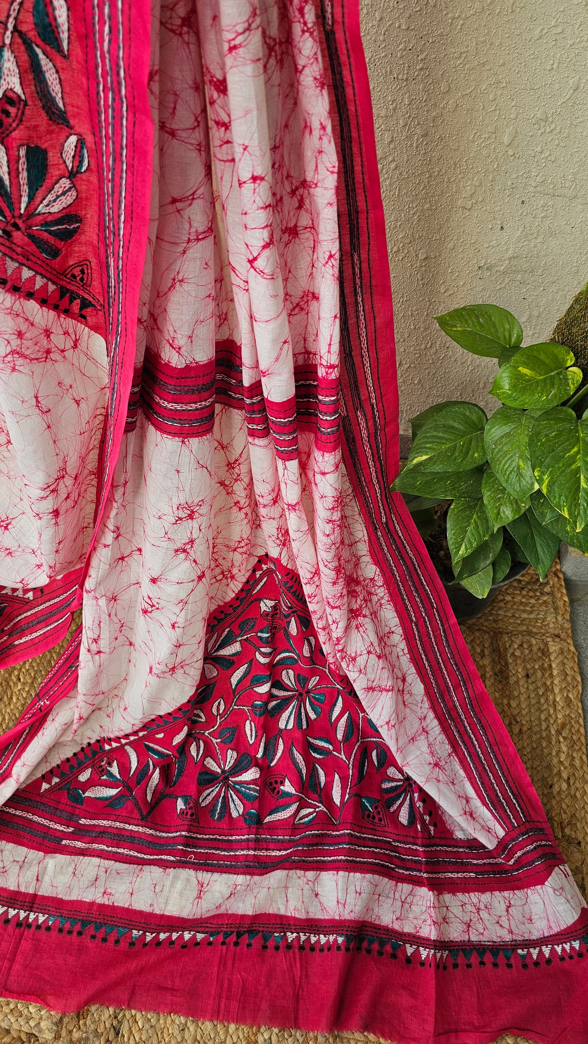 Pink Lily - Kantha Work & Hand Batik - Cotton Saree