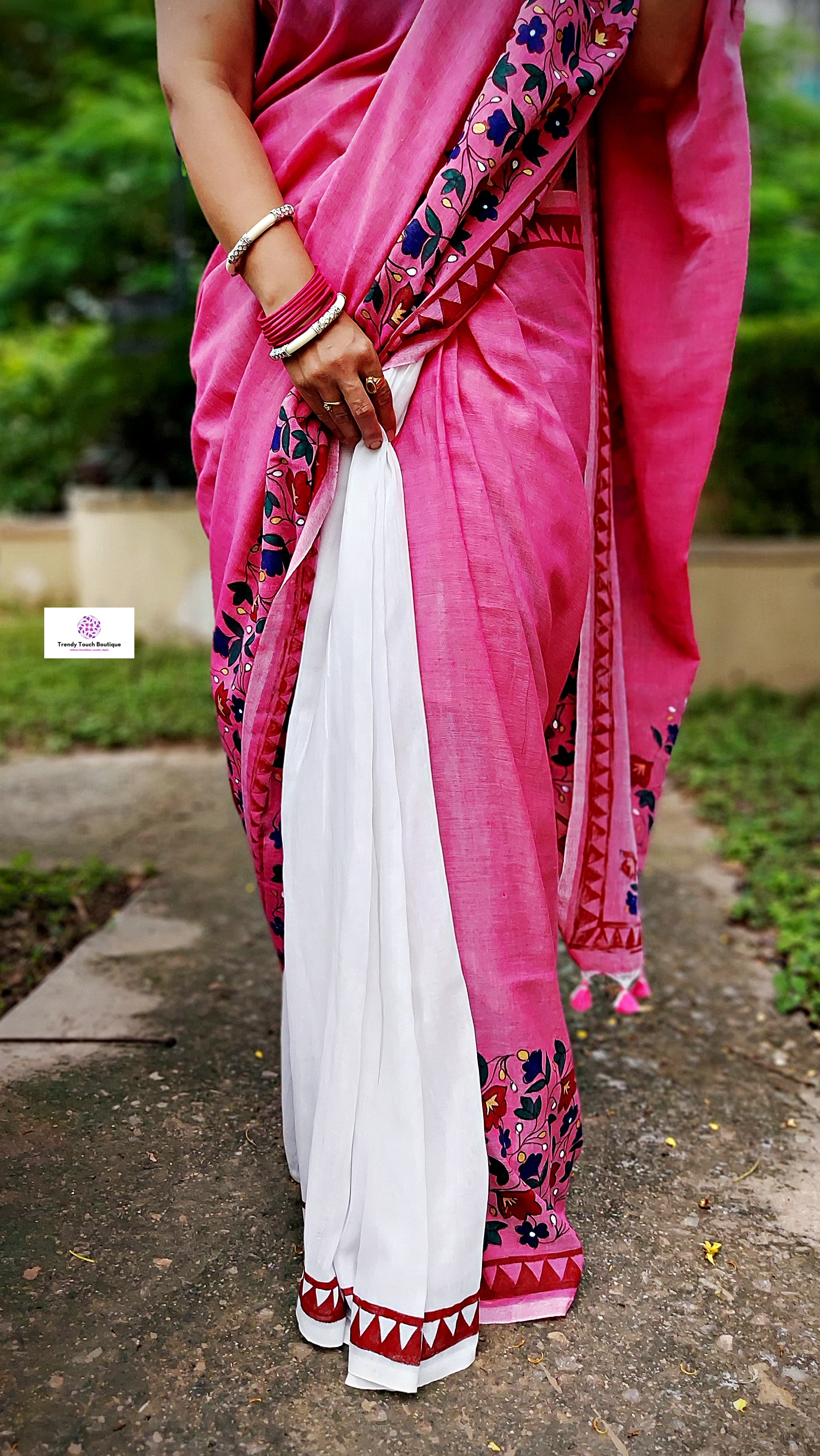 Hand Painted Cotton Pink Sarees