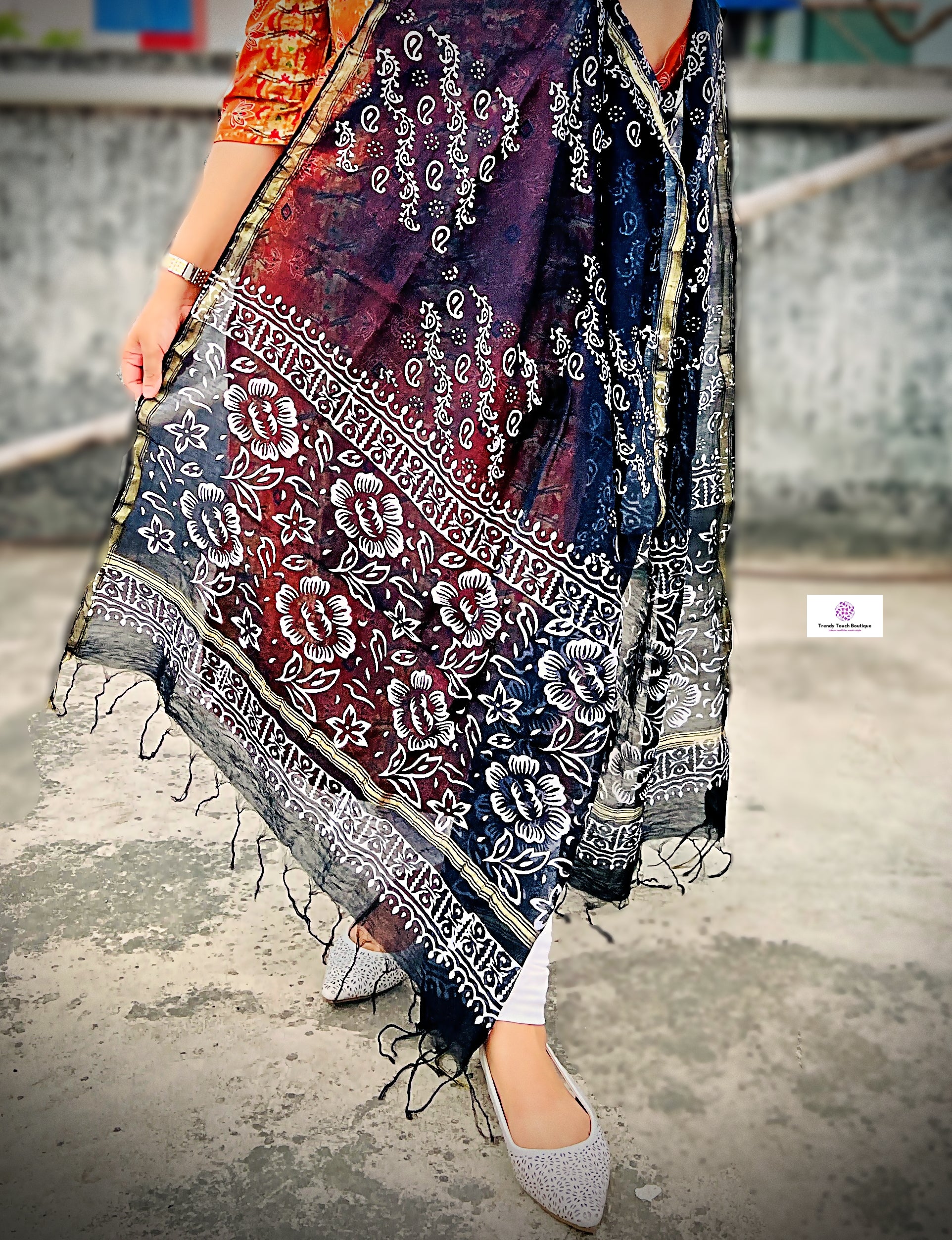Ebony - Handblock Print- Chanderi Silk Dupatta