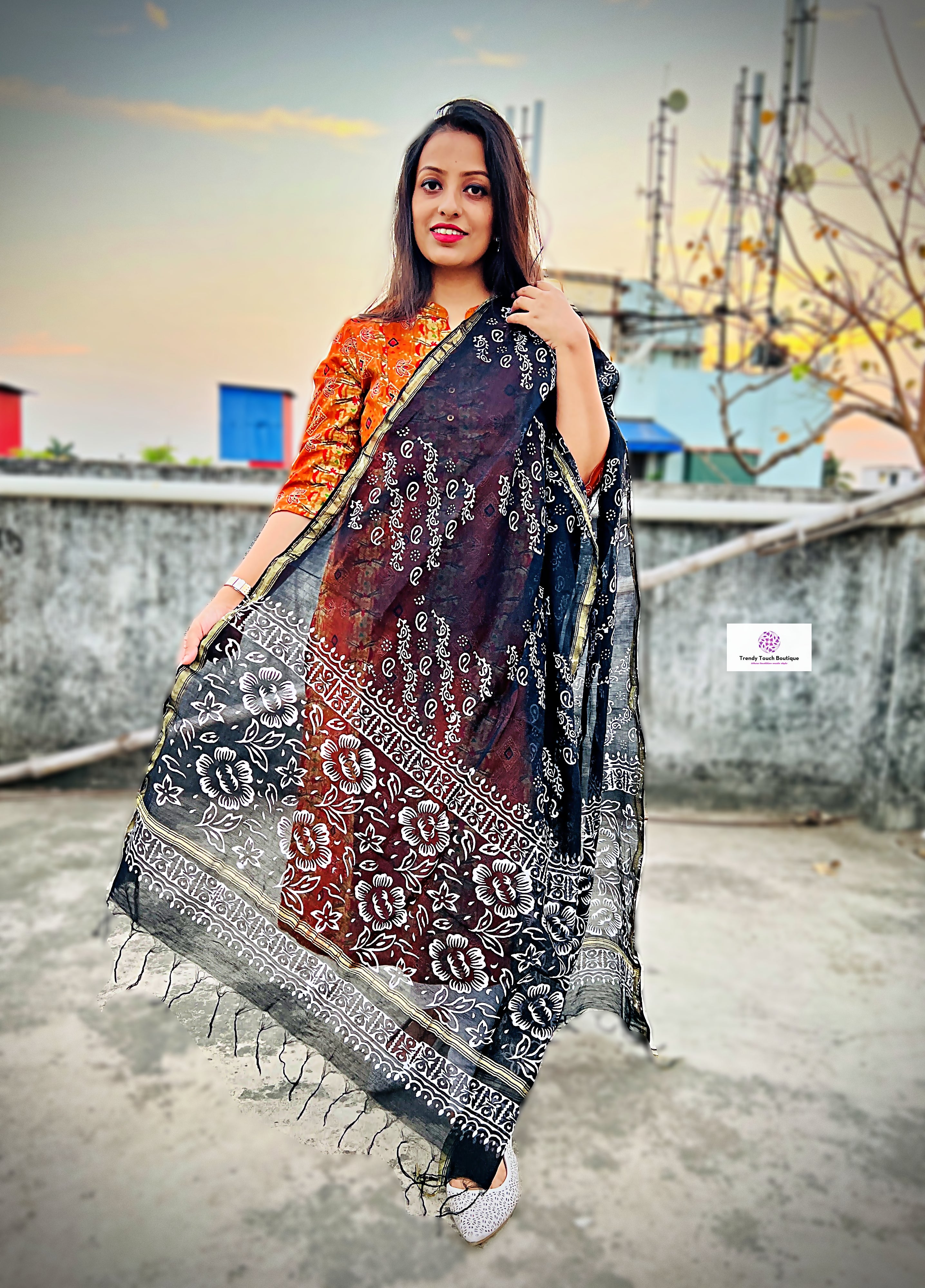 Ebony - Handblock Print- Chanderi Silk Dupatta