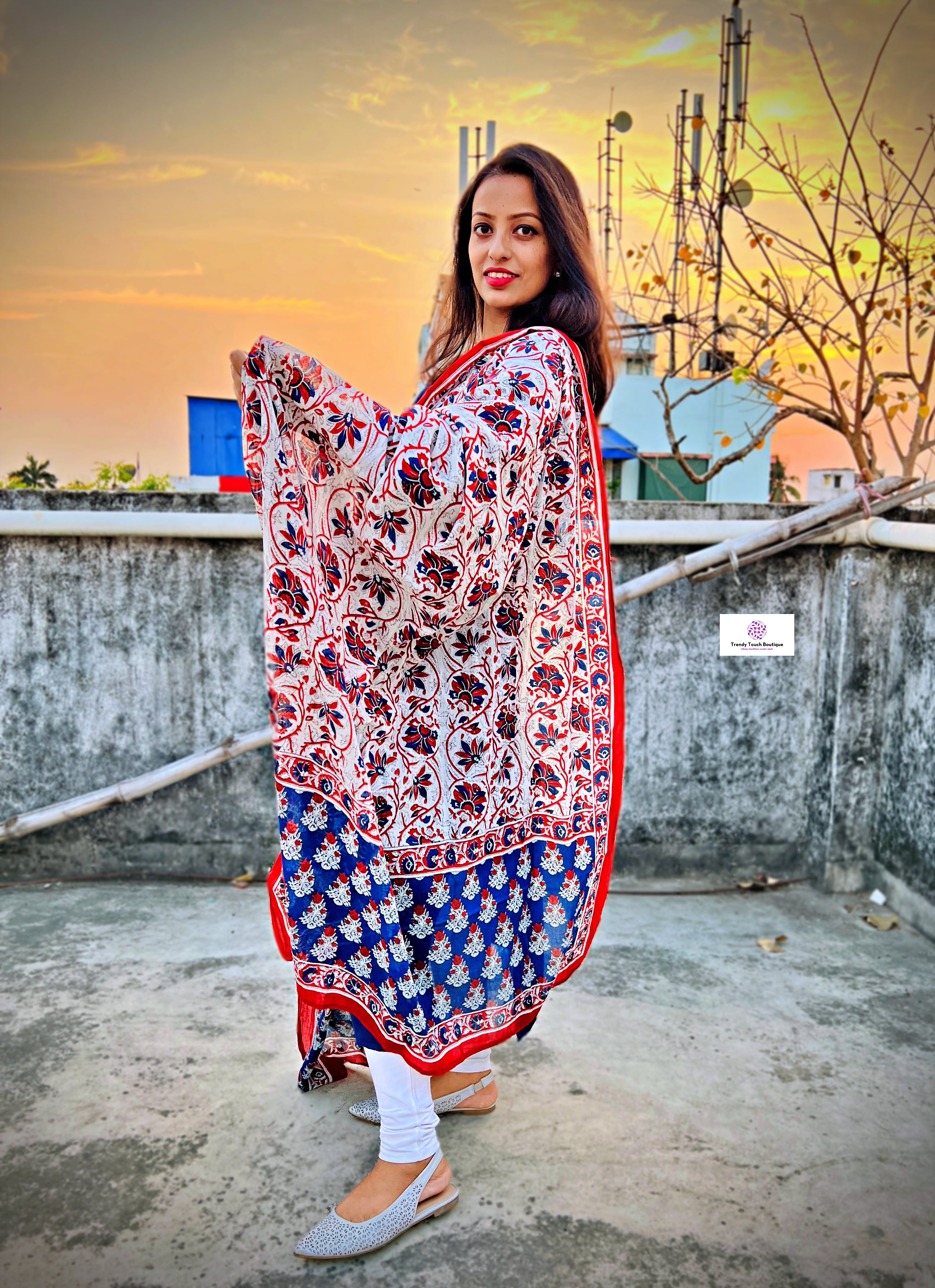Mulcotton blue red white floral prints handblock print dupattas for everyday summer kurti pairing for office and college wardrobe needs, best price, summer sale!