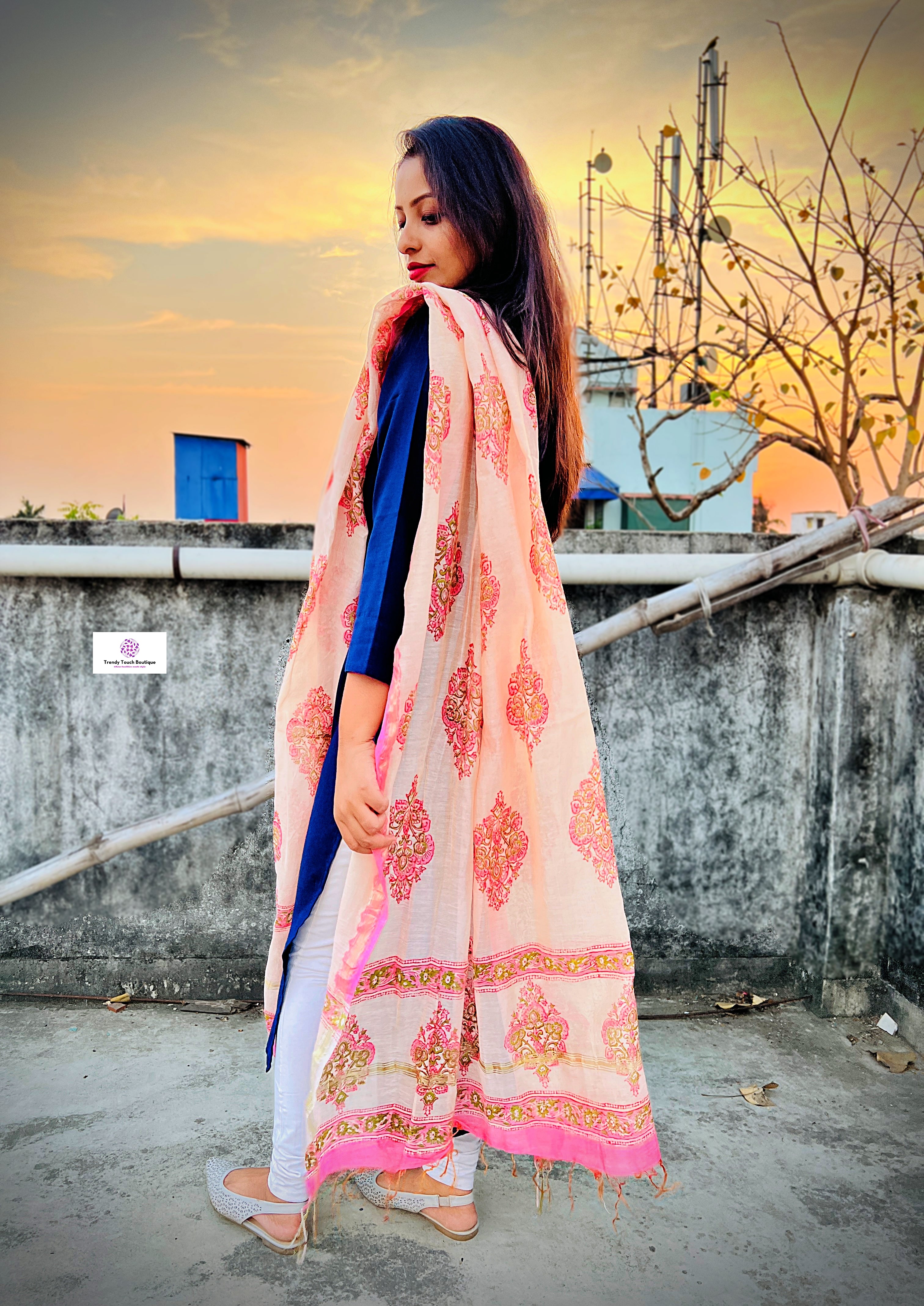 Pink Flower - Hand Block Print - Chanderi Silk Dupatta