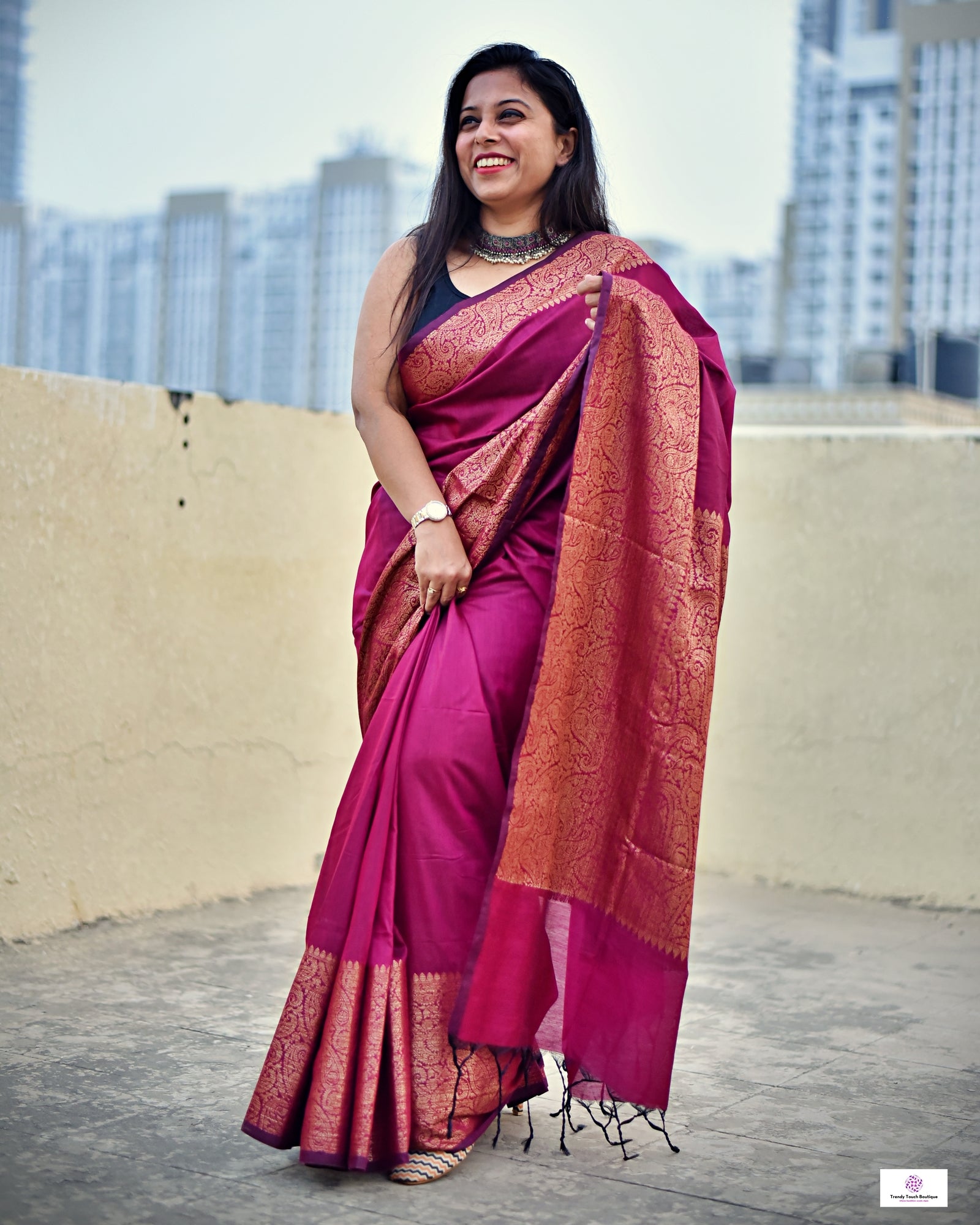 magenta color copper zari work kataan silk for puja and festive ocassion with brocade blouse piece and best price