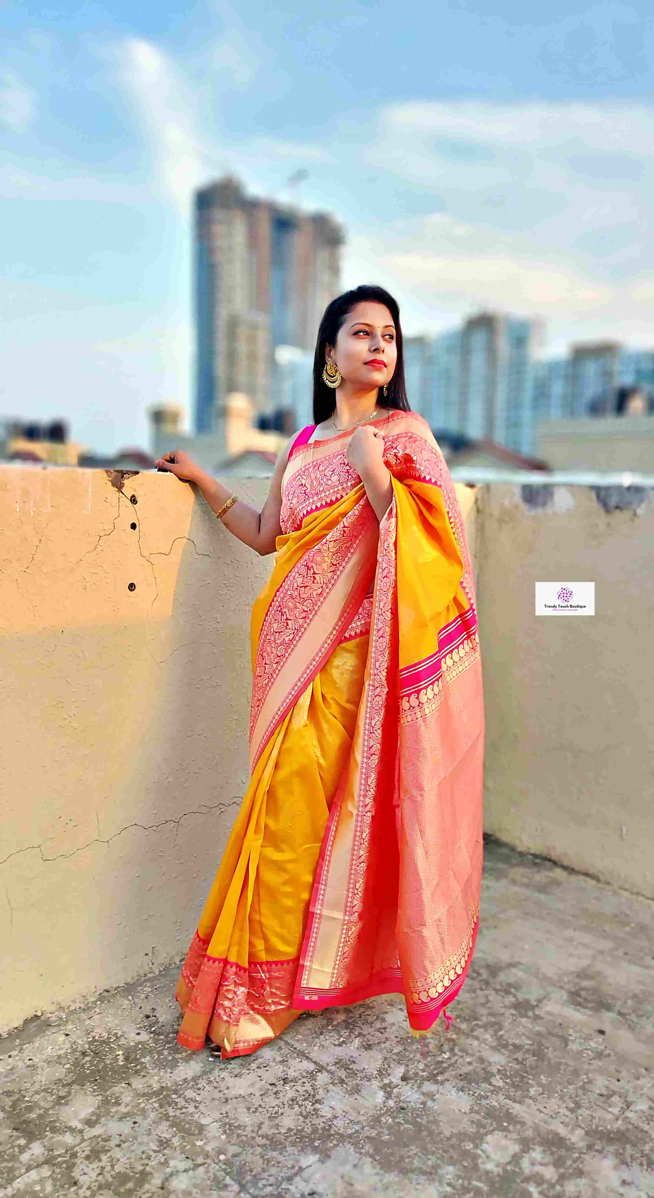 lightweight lichi silk yellow pink saree wedding and marriage celebration haldi ceremony sarees online