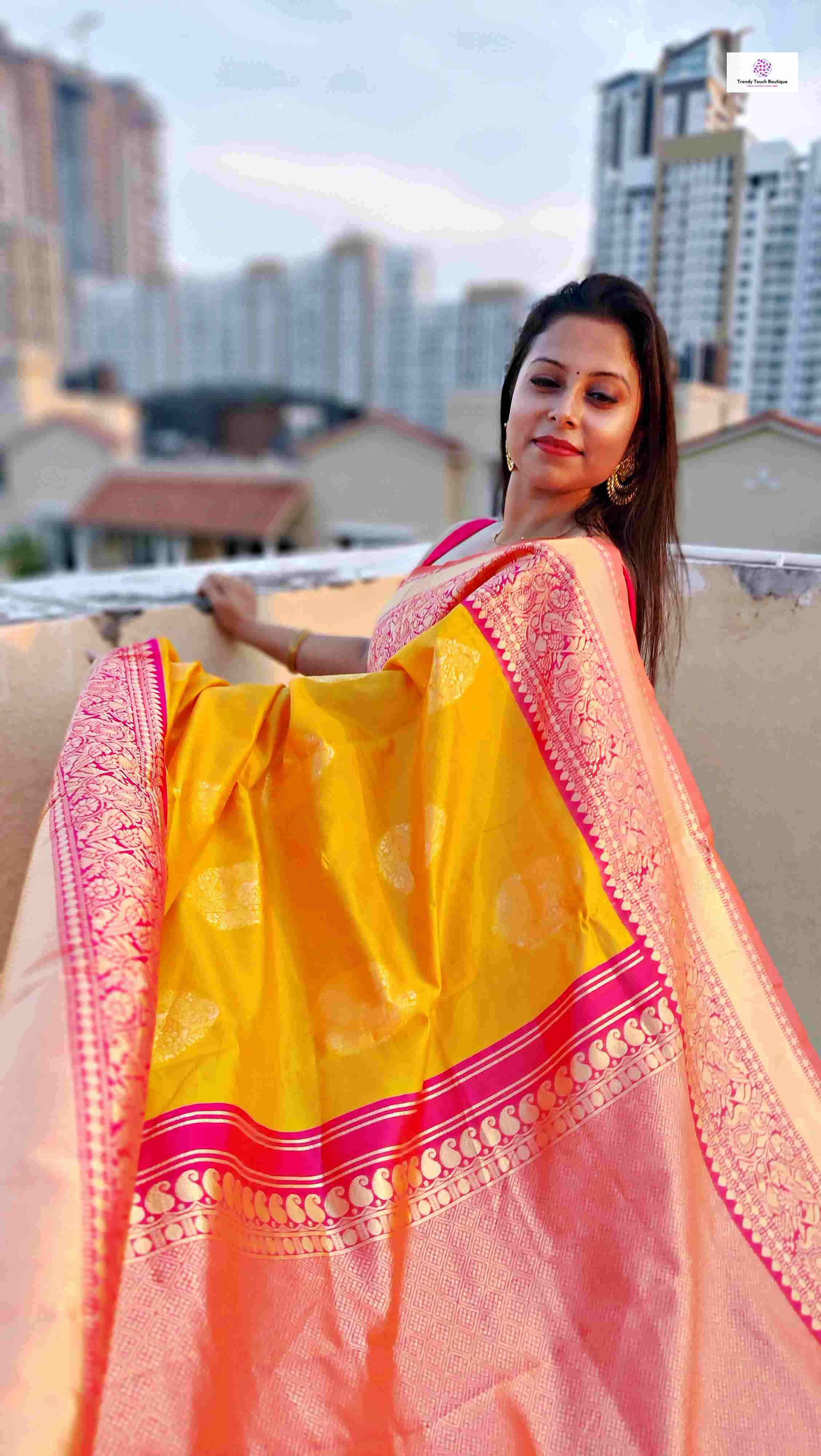 lichi silk saree lightweight lichi silk yellow pink saree wedding and marriage celebration haldi ceremony sarees online