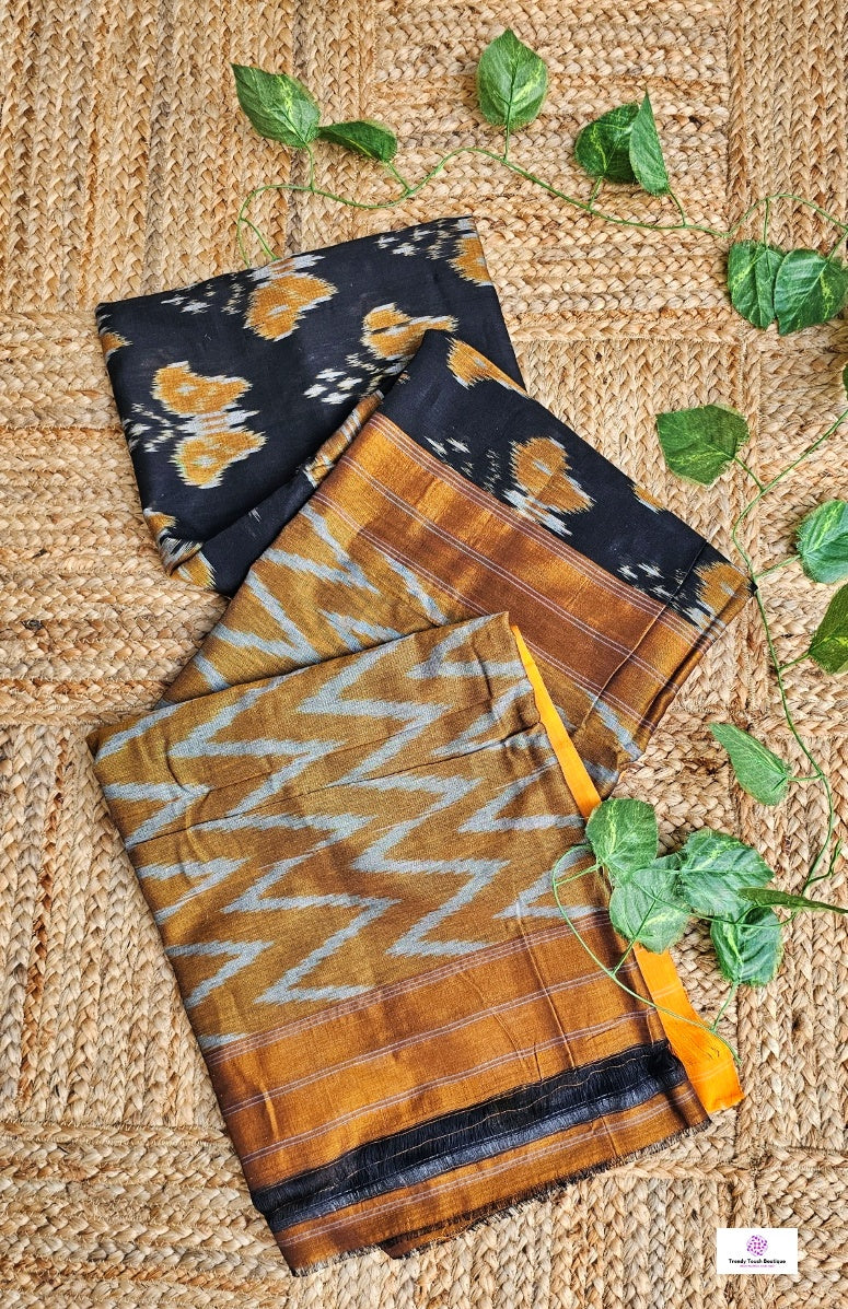 pochampally ikkat cotton handloom saree for office and casual outing summer special in black and orange with ikkat blouse piece
