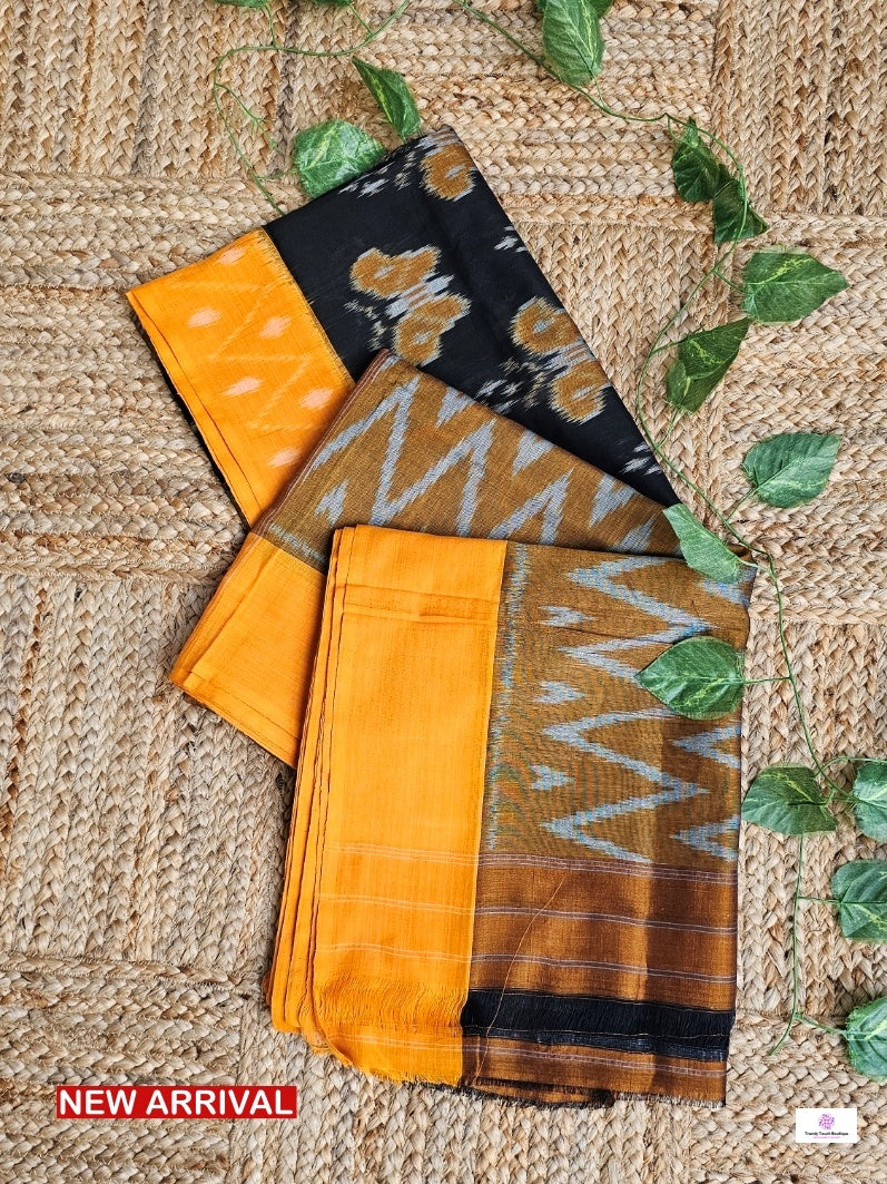 pochampally ikkat cotton handloom saree for office and casual outing summer special in black and orange with ikkat blouse piece