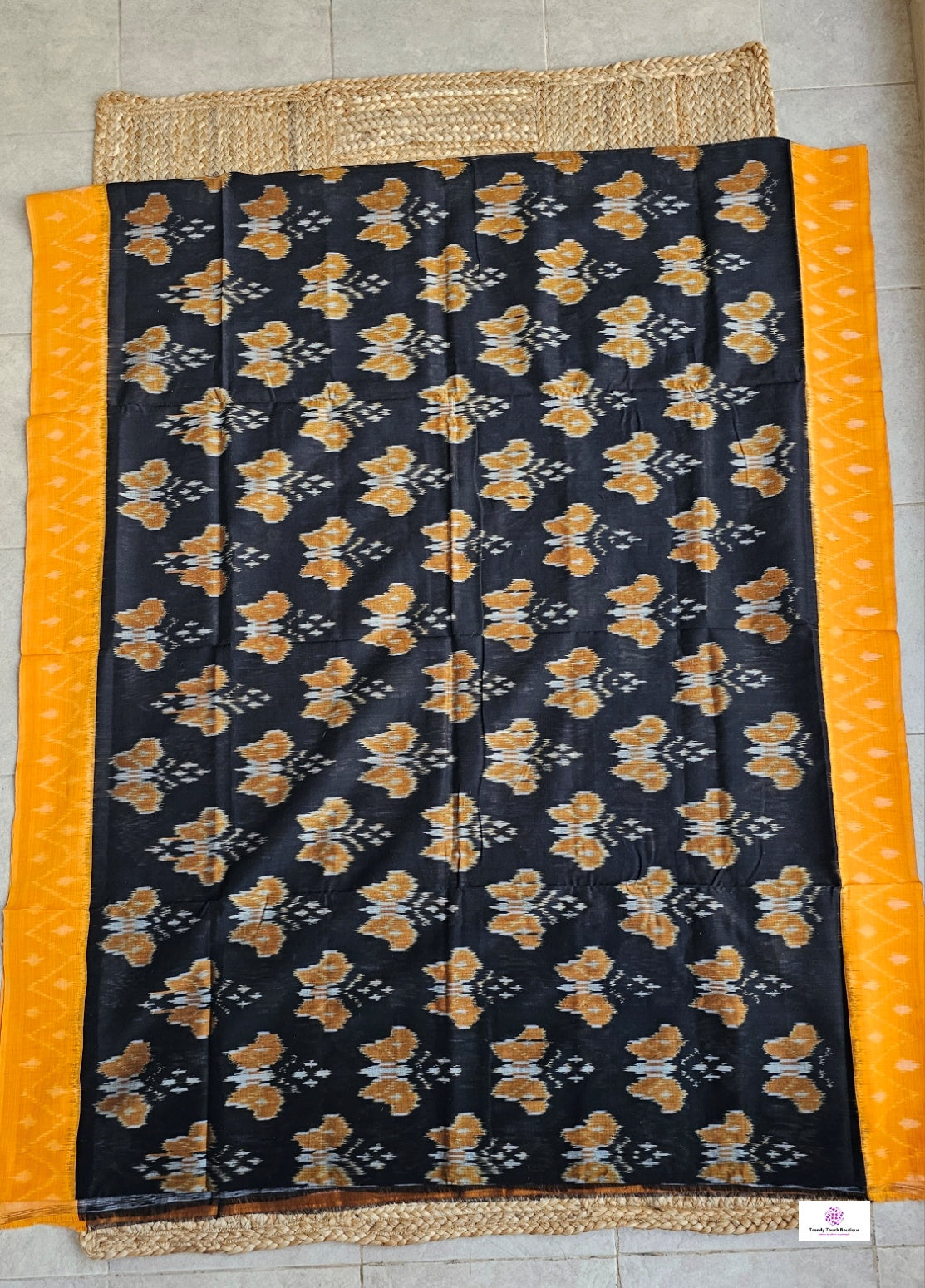 pochampally ikkat cotton handloom saree for office and casual outing summer special in black and orange with ikkat blouse piece