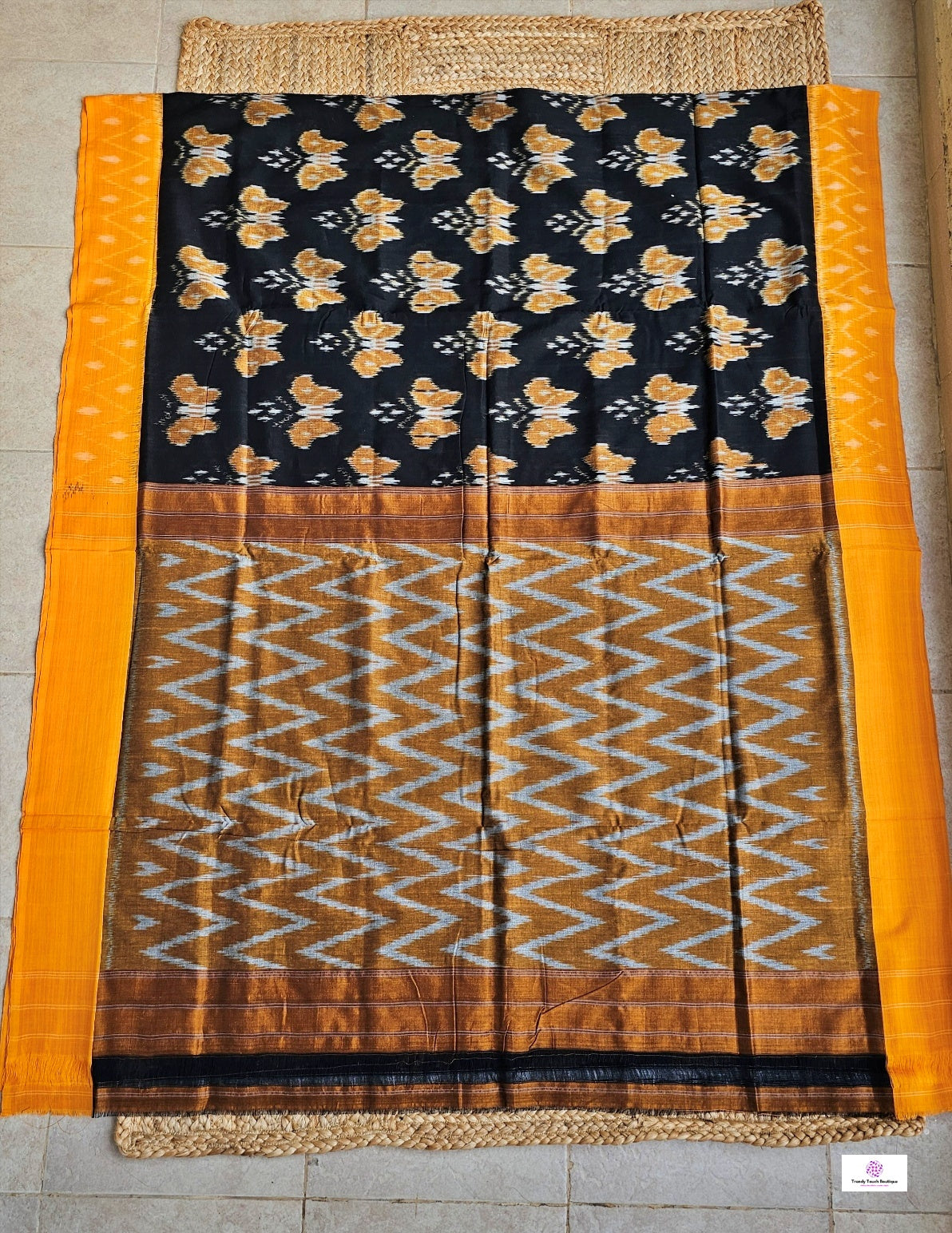 pochampally ikkat cotton handloom saree for office and casual outing summer special in black and orange with ikkat blouse piece