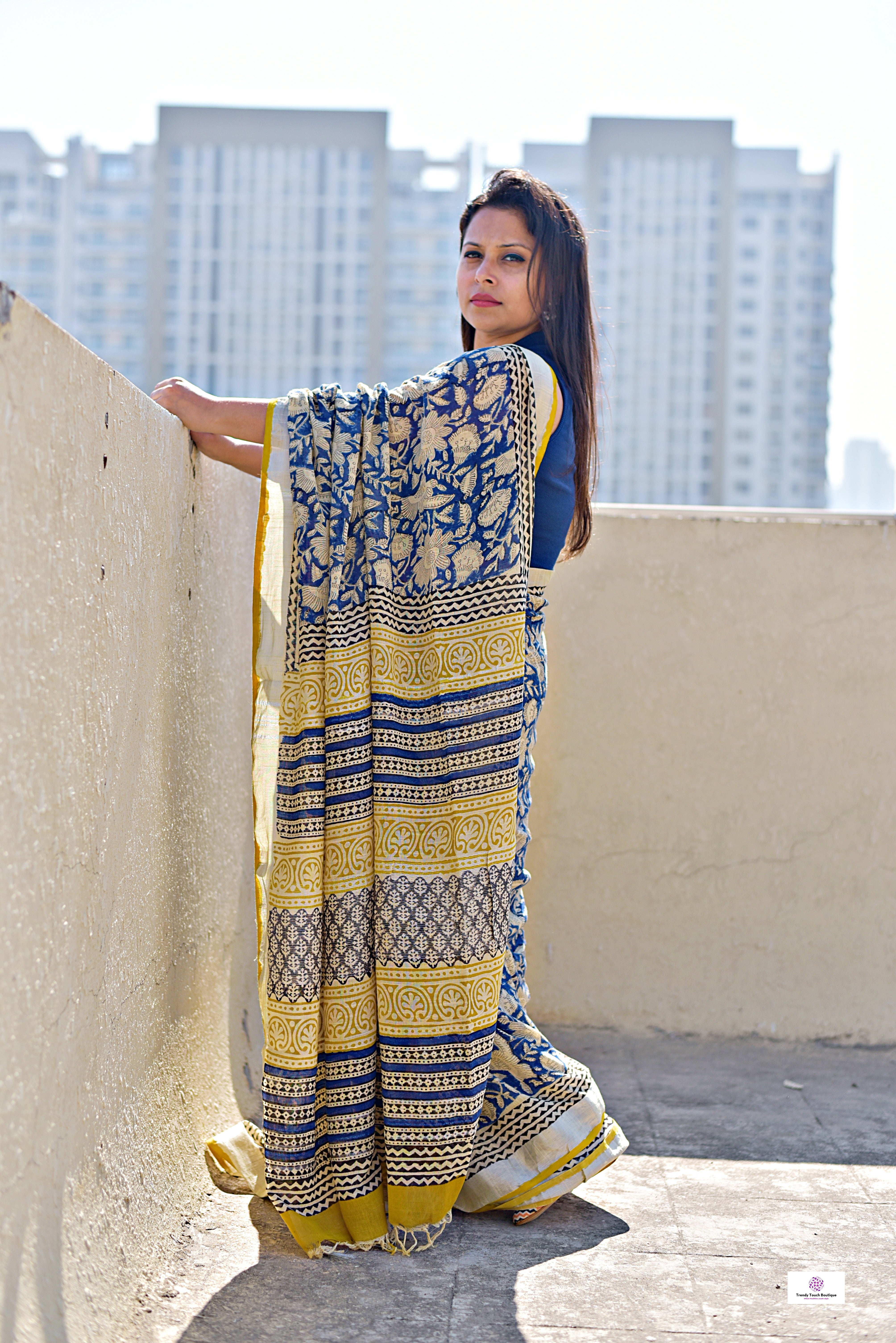  best summer handwoven handloom fabric handblock print organic slub linen saree yellow blue color at best price online with blouse piece for office wear or everyday styling!