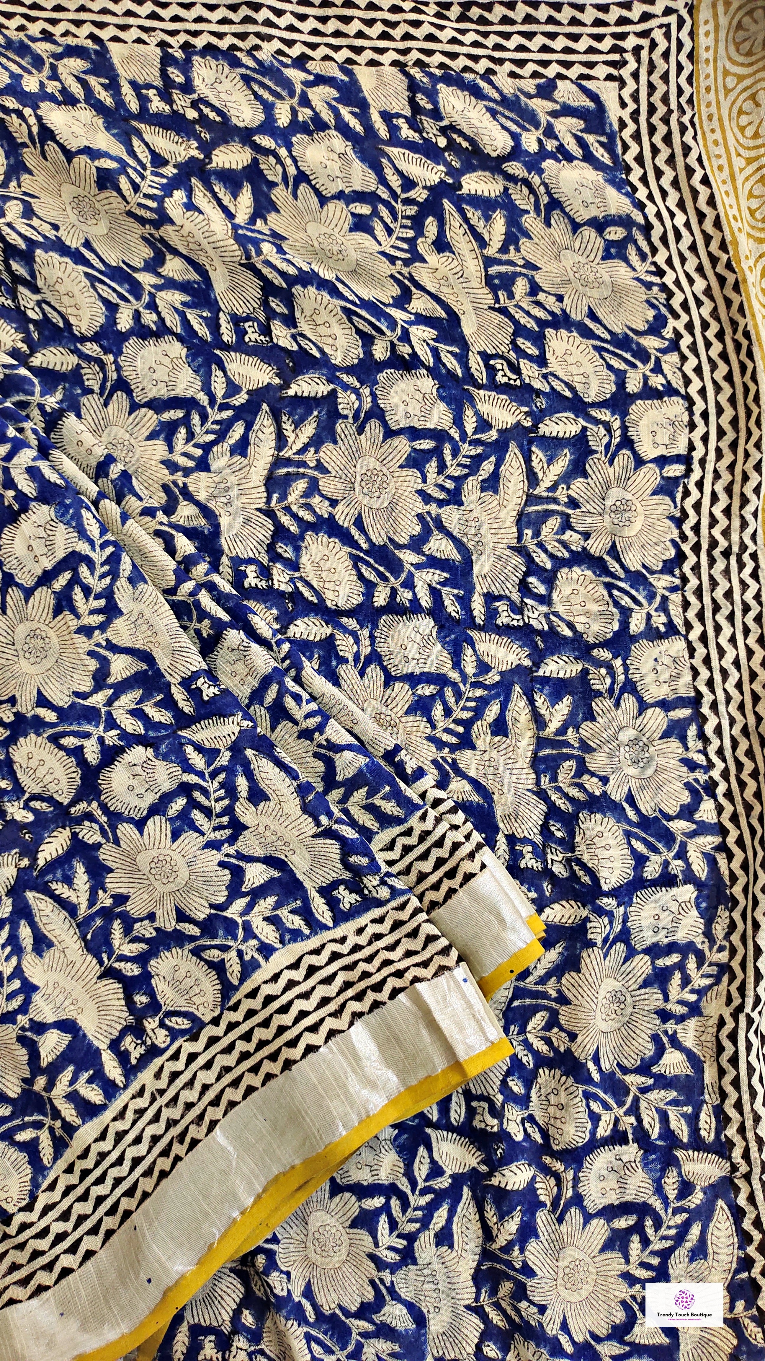  best summer handwoven handloom fabric handblock print organic slub linen saree yellow blue color at best price online with blouse piece for office wear or everyday styling!