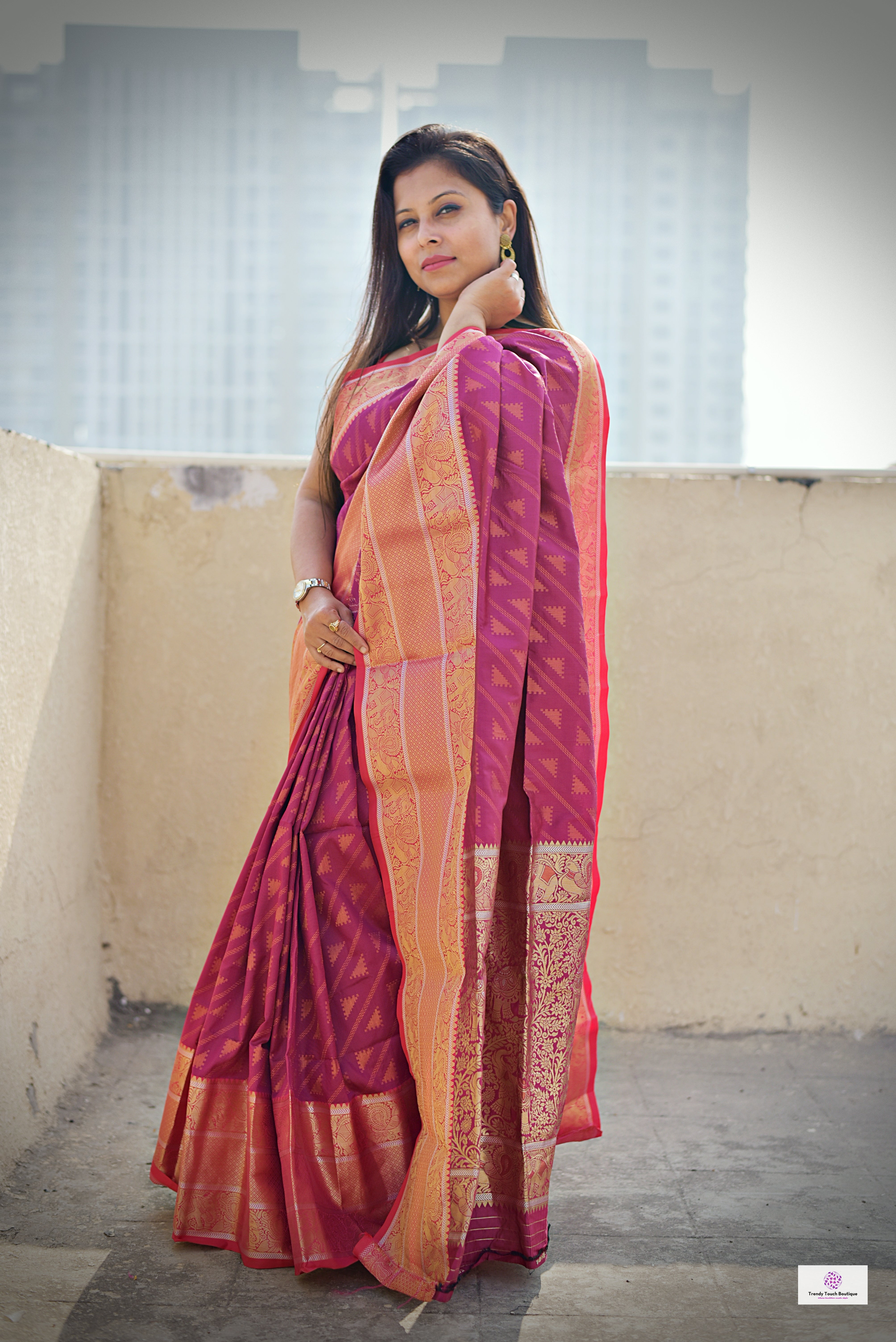 Kanjivaram styled pink copper zari work party wear special occasion saree for wedding function or bridal gift