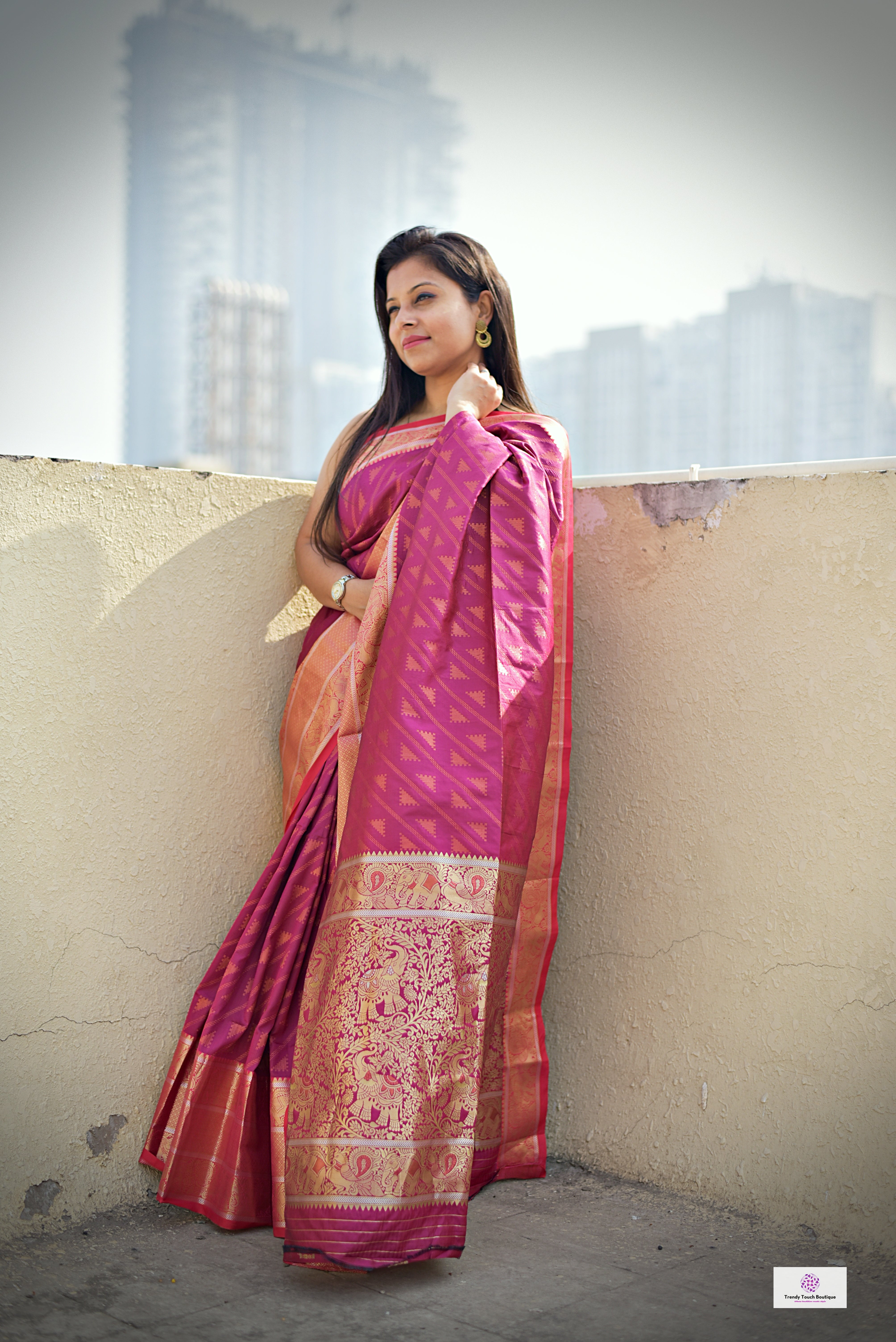 Kanjivaram styled pink copper zari work party wear special occasion saree for wedding function or bridal gift