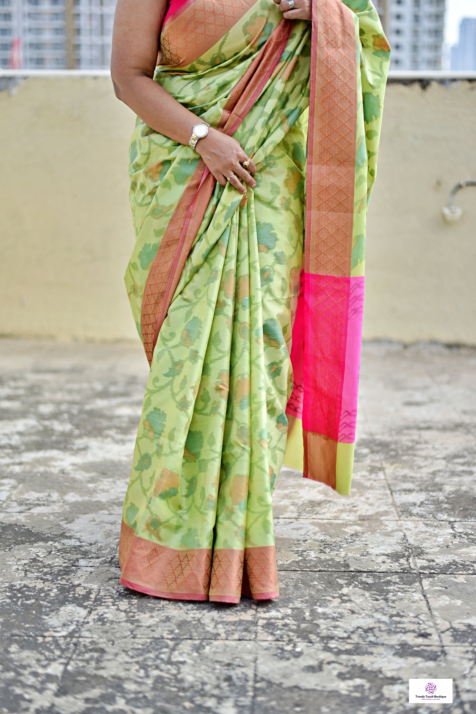 ikkat style digital print soft silk saree  green pink for haldi sangeet marriage bridal function puja and special ocassion with blouse piece best price
