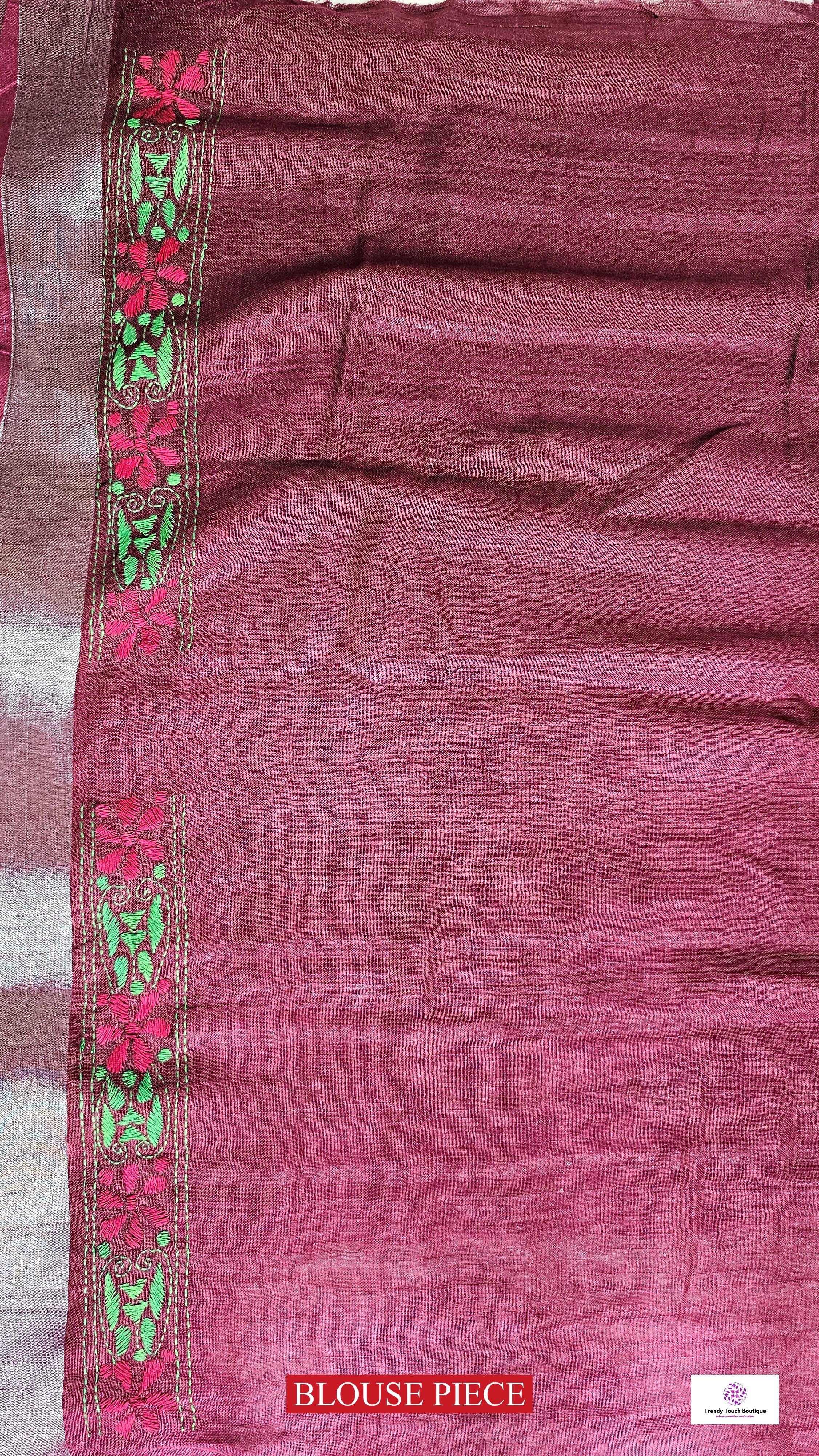 kantha handembroidered linen saree with maroon and beige tye and dye office wear or casual outing special events with blouse piece best price