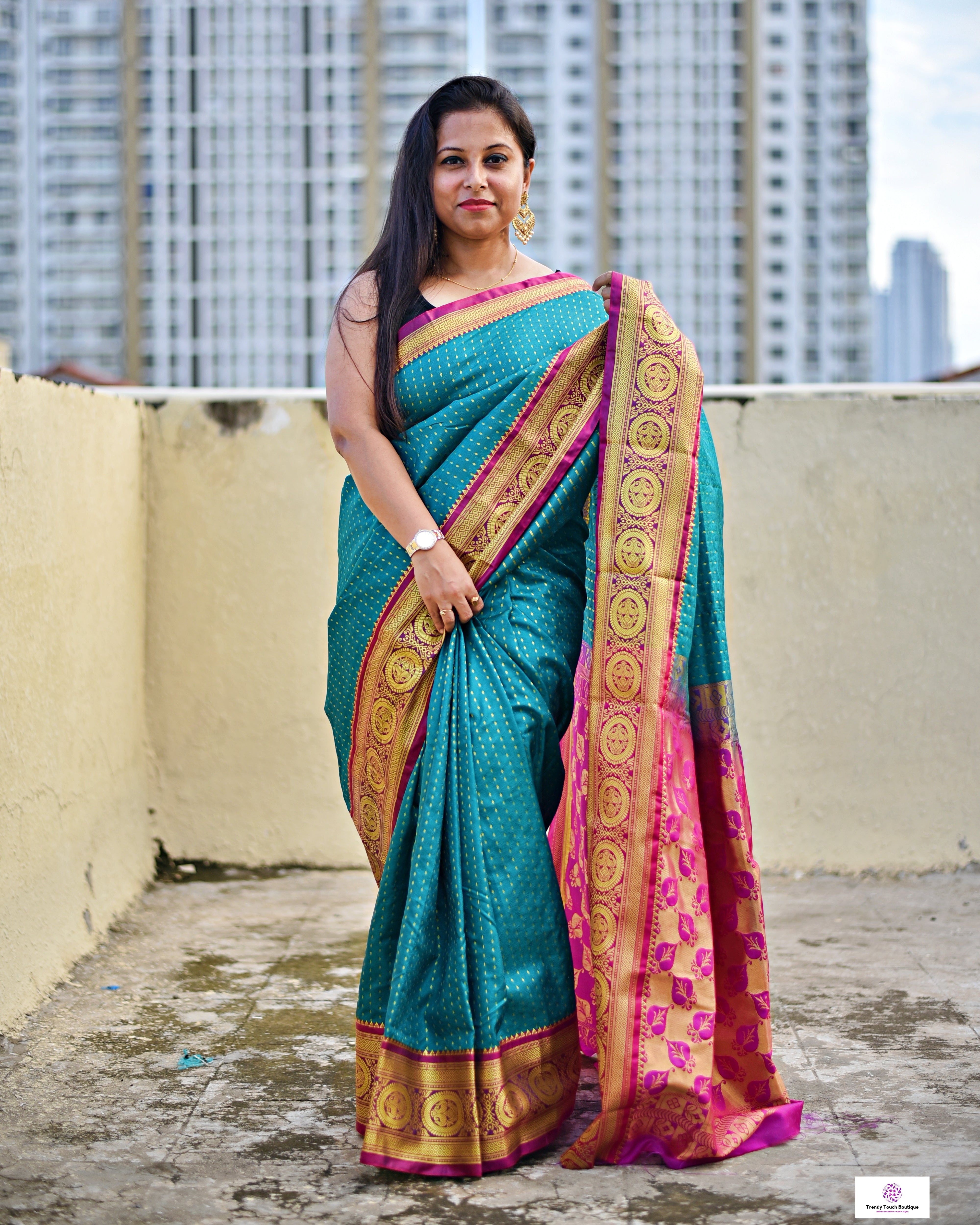 teal green & pink festive and special ocassion lightweight silk saree golden zari work buta on body and traditional motif on saree edges and pallu with blouse piece and best price