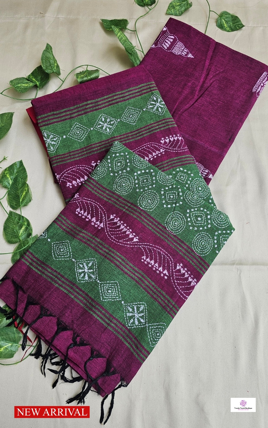 Beetroot Punch - Kantha Work - Cotton Saree
