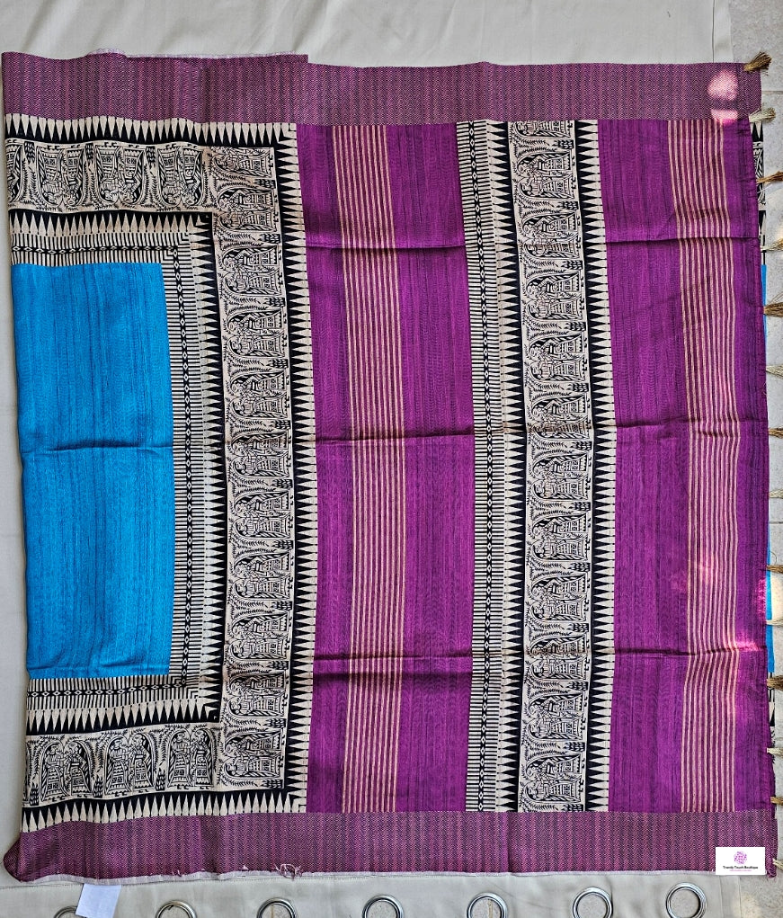 semi tussar silk madhubani and bisnupuri digital print blue and violet saree for regular wear and casual function office for women with blouse piece and best price