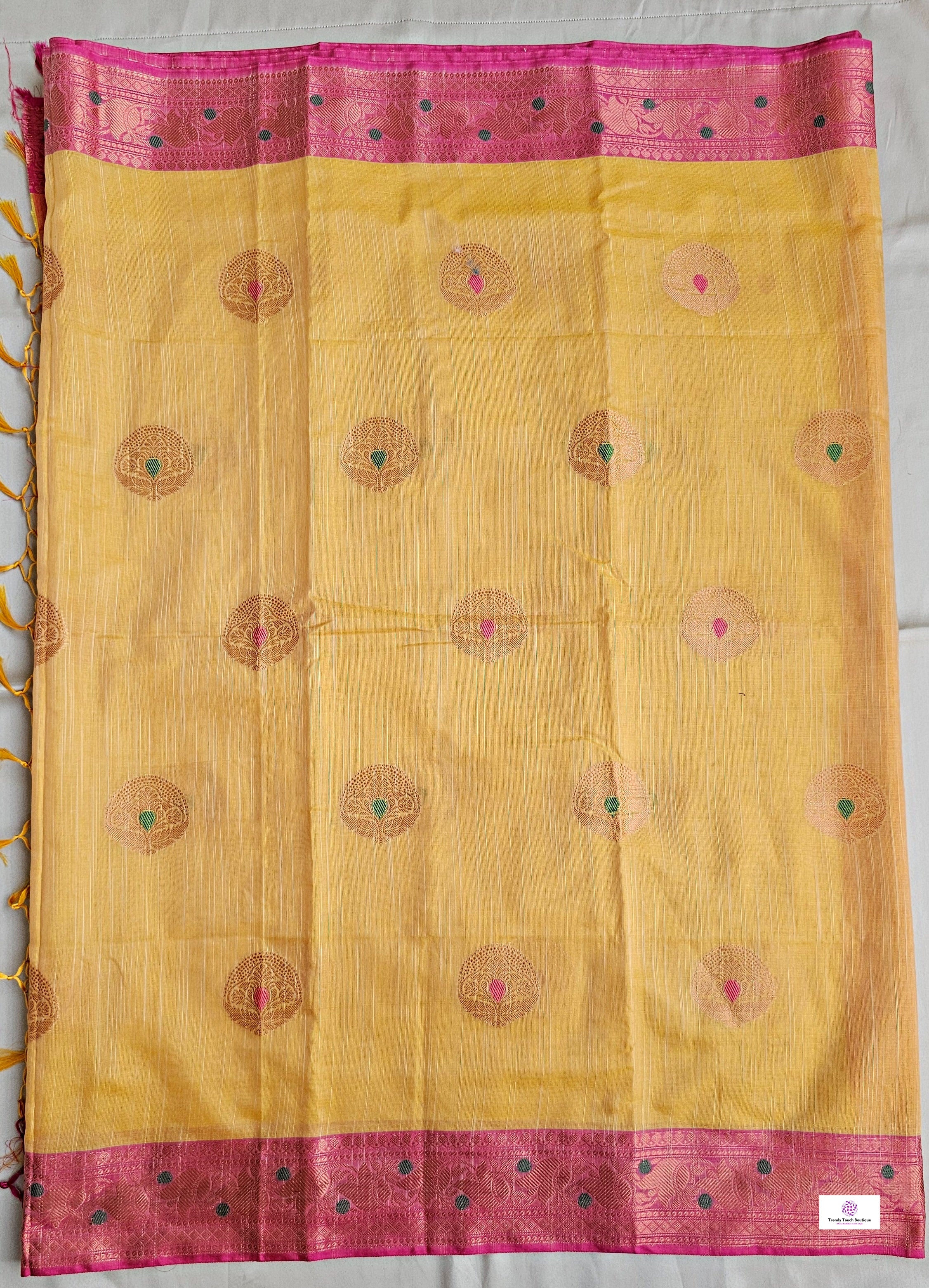 Muga cotton banarasi soft and lightweight puja, wedding and special ocassion casual wear saree yellow and pink with blouse piece best price