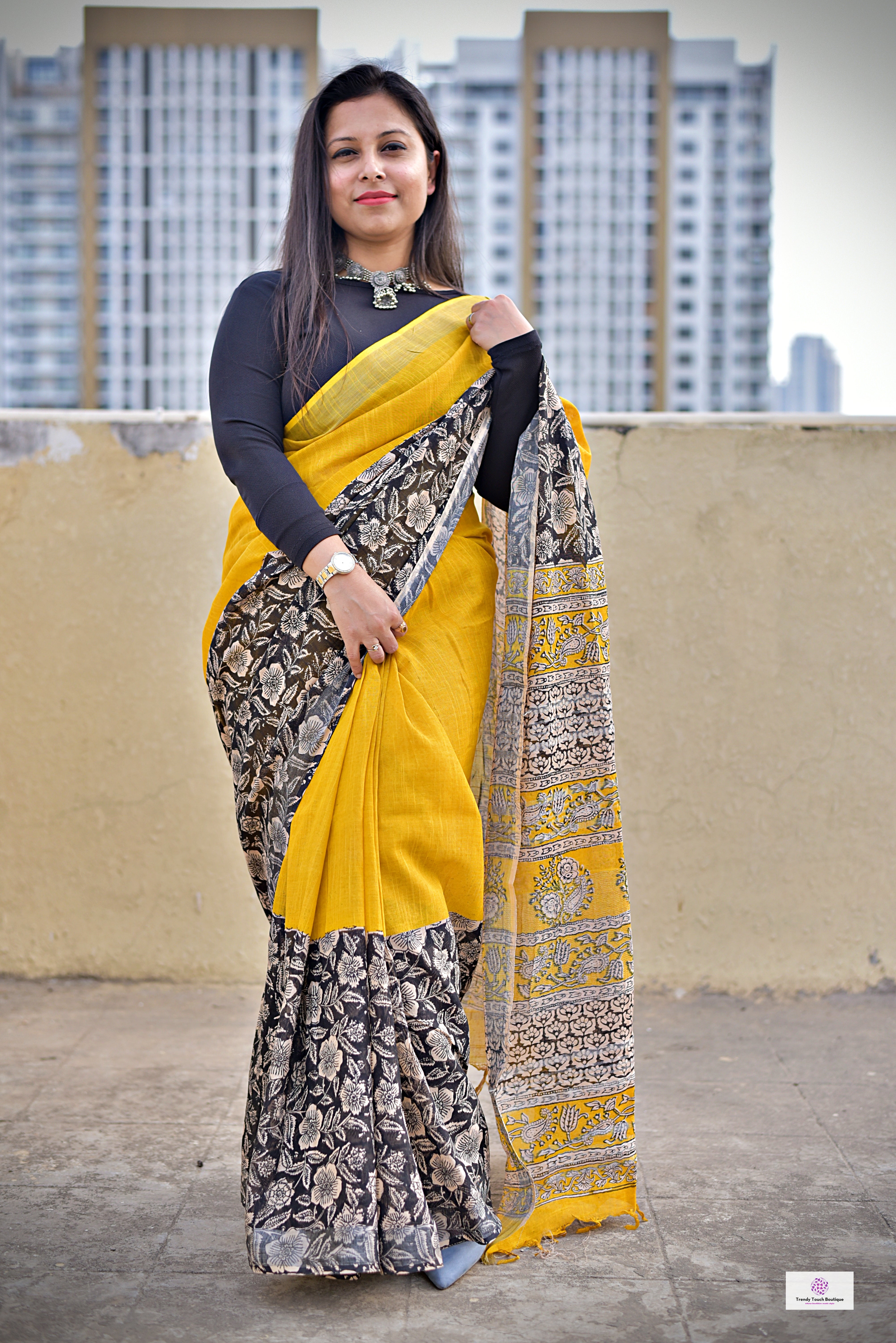 Yellow Black Organic linen saree handblock print in natural dye best summer fabric best price buy online casual and formal saree 