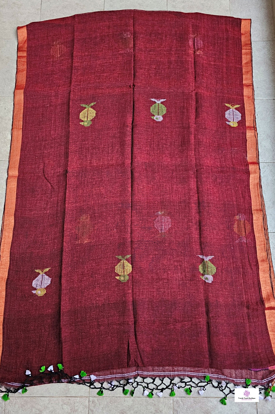 Maroon Birdy - Jamdani Handloom - Linen Saree