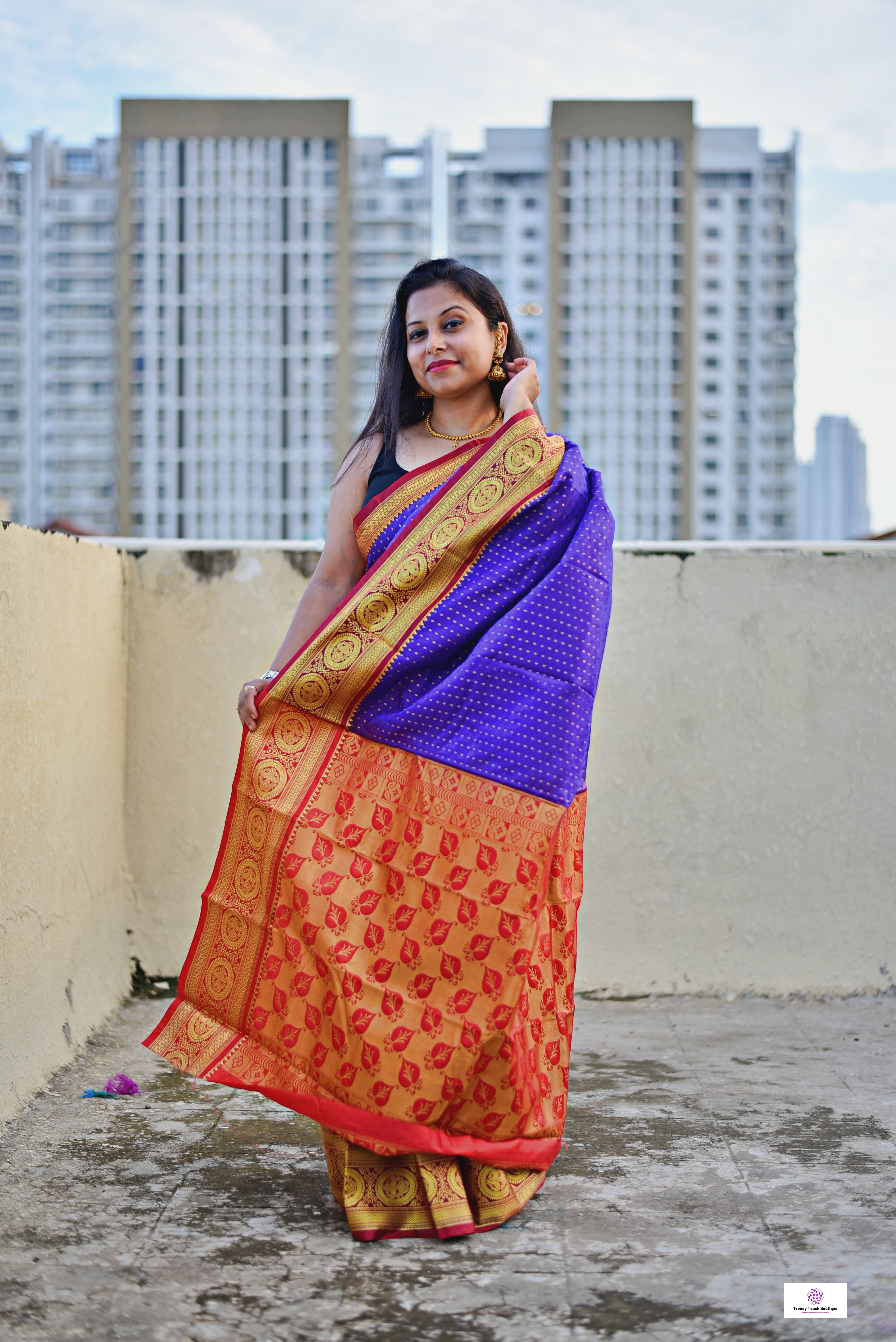 blue red festive and special ocassion lightweight silk saree zari work buta on body and traditional motif on saree edges and pallu with blouse piece and best price