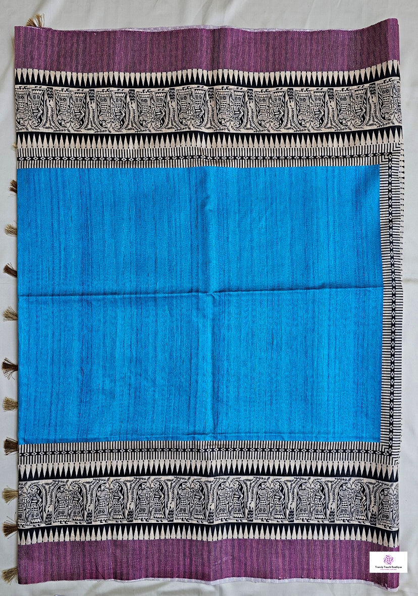 semi tussar silk madhubani and bisnupuri digital print blue and violet saree for regular wear and casual function office for women with blouse piece and best price