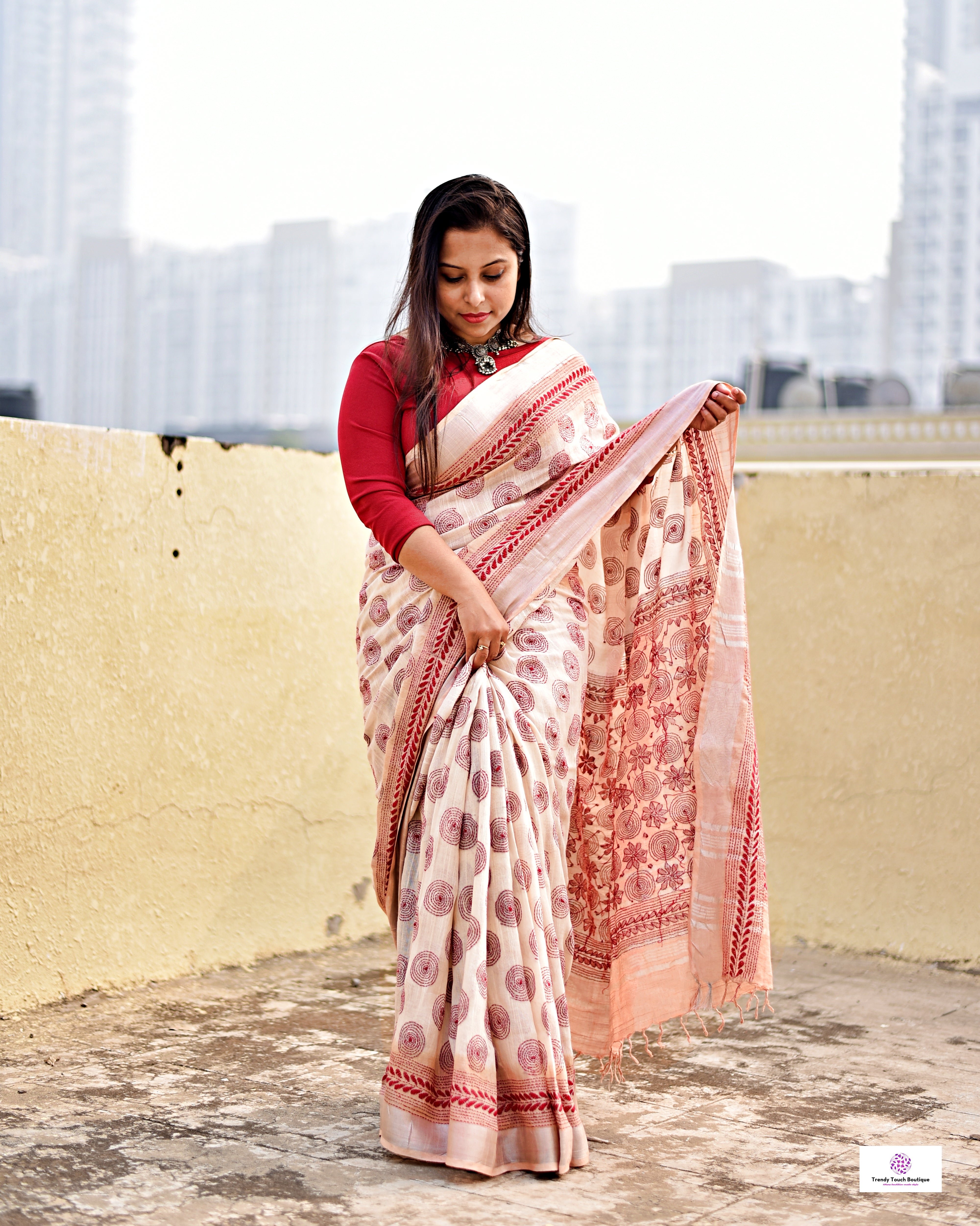 Saathi - Kantha Work & Tie & Dye - Linen Saree