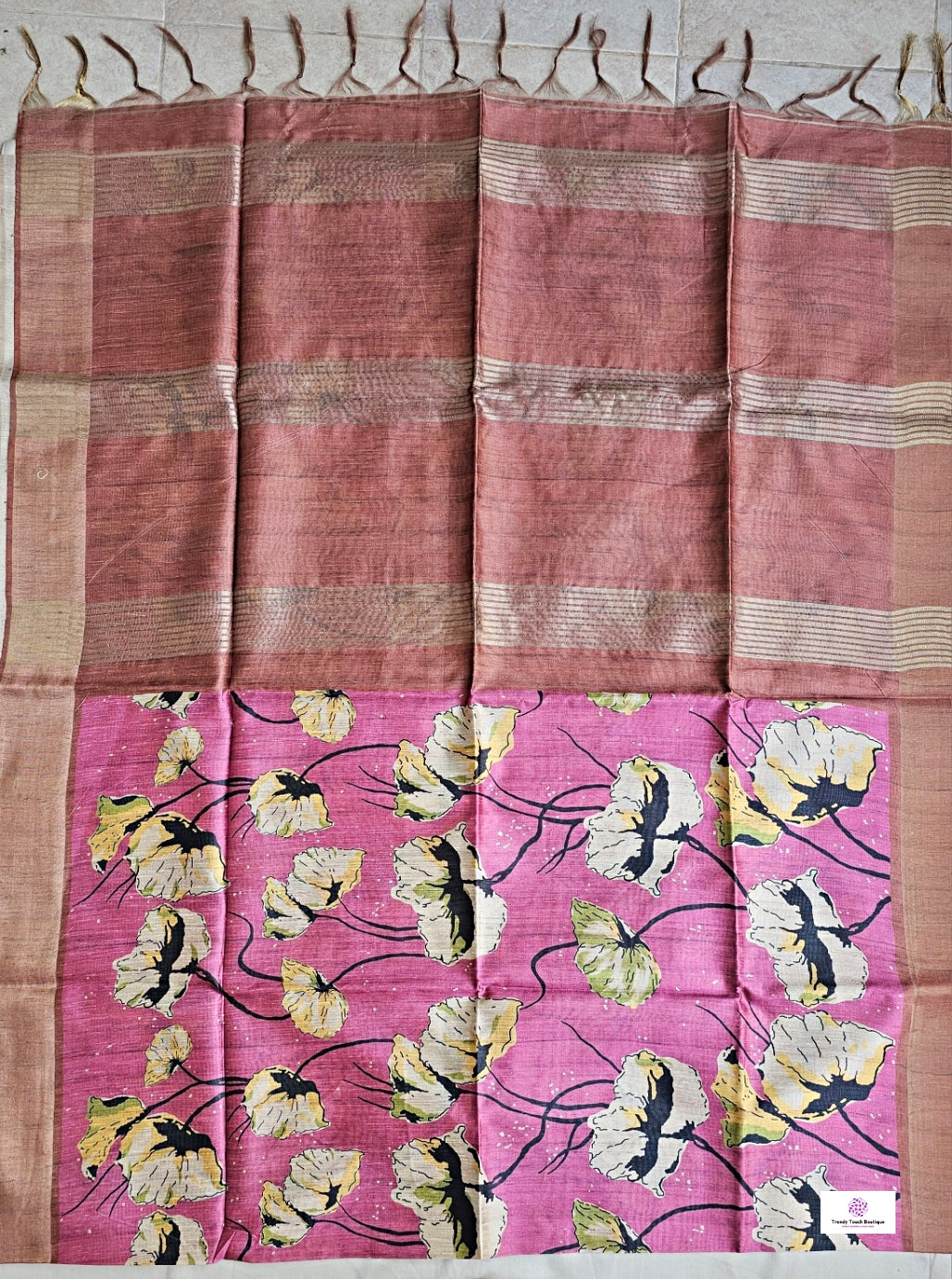 Pink semi tussar silk saree with floral digital print for regular wear and casual function office for women with blouse piece and best price