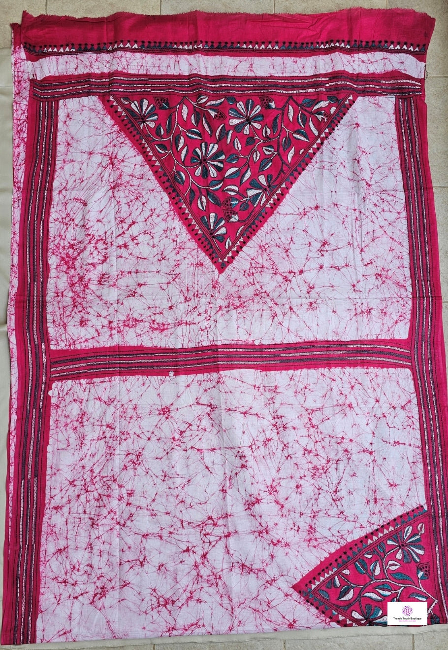 Pink Lily - Kantha Work & Hand Batik - Cotton Saree