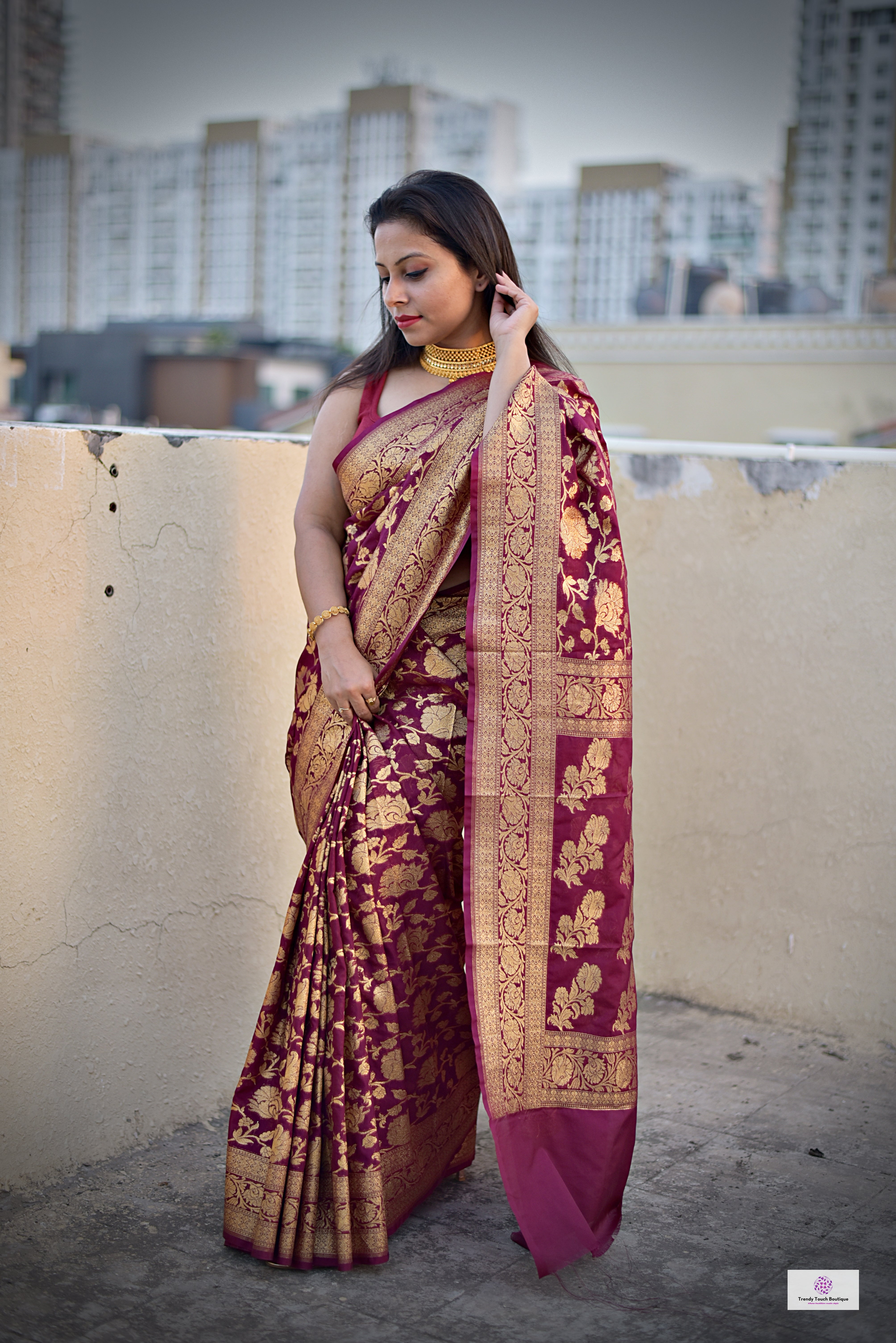 Maroon golden jaal work handloom georgette banarasi silk saree wedding season and bridal function 