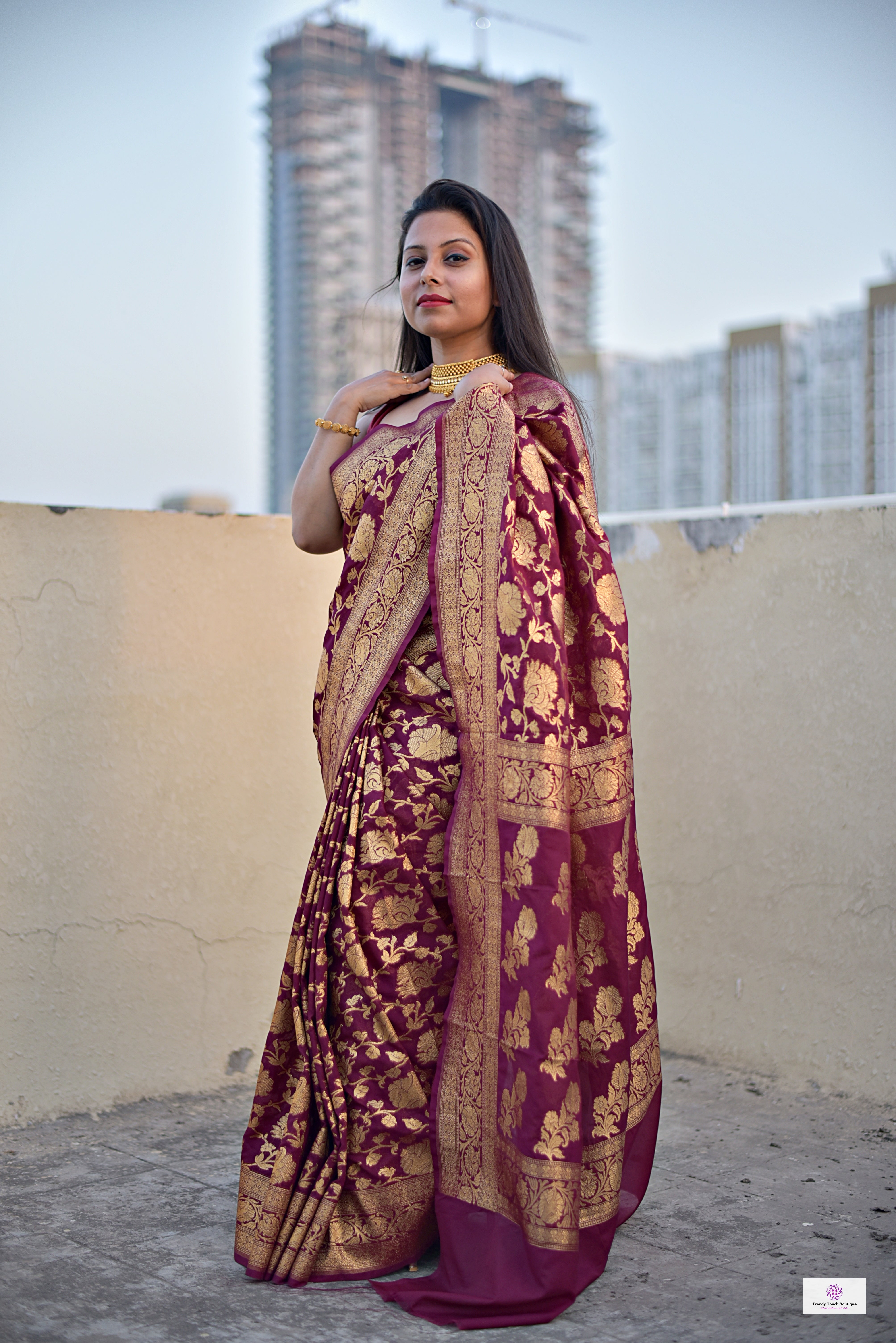 georgette banarasi silk designer saree wedding party celebration marriage function maroon and gold zari handwoven handloom best price with blouse piece