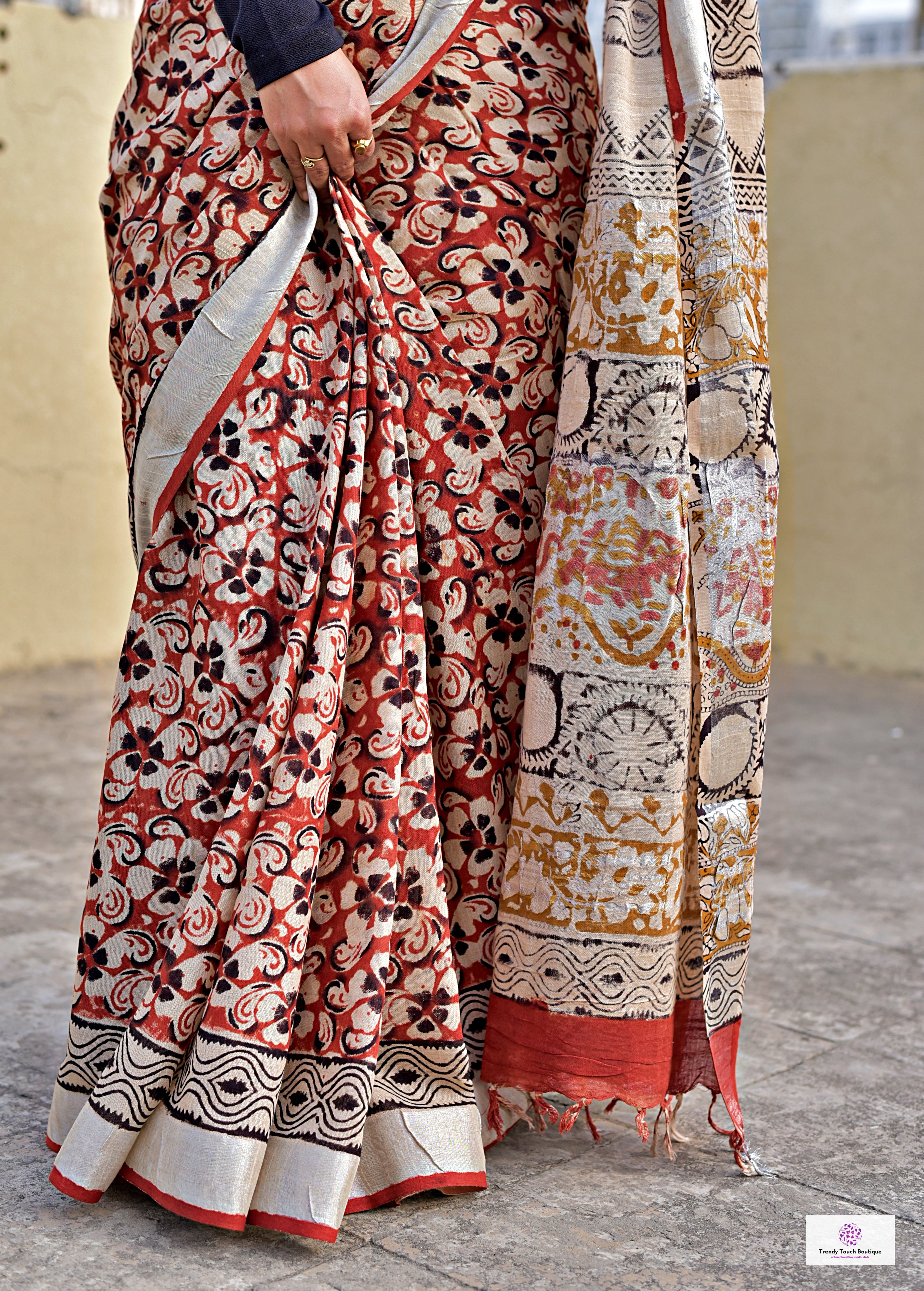 Brick Red & Beige, Black Floral Handblock print linen saree organic dye best summer fabric best price casual and formal saree 