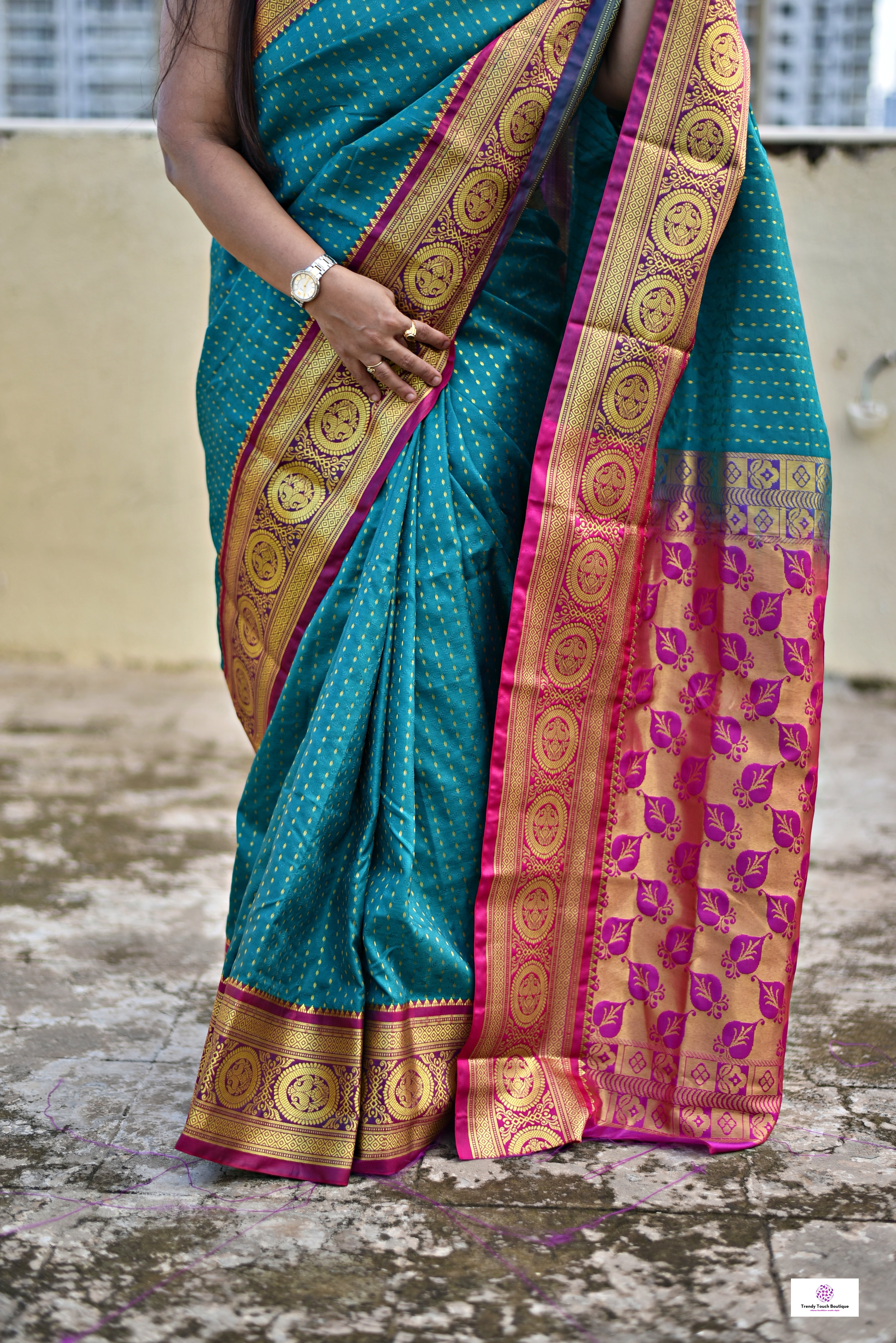 teal green & pink festive and special ocassion lightweight silk saree golden zari work buta on body and traditional motif on saree edges and pallu with blouse piece and best price