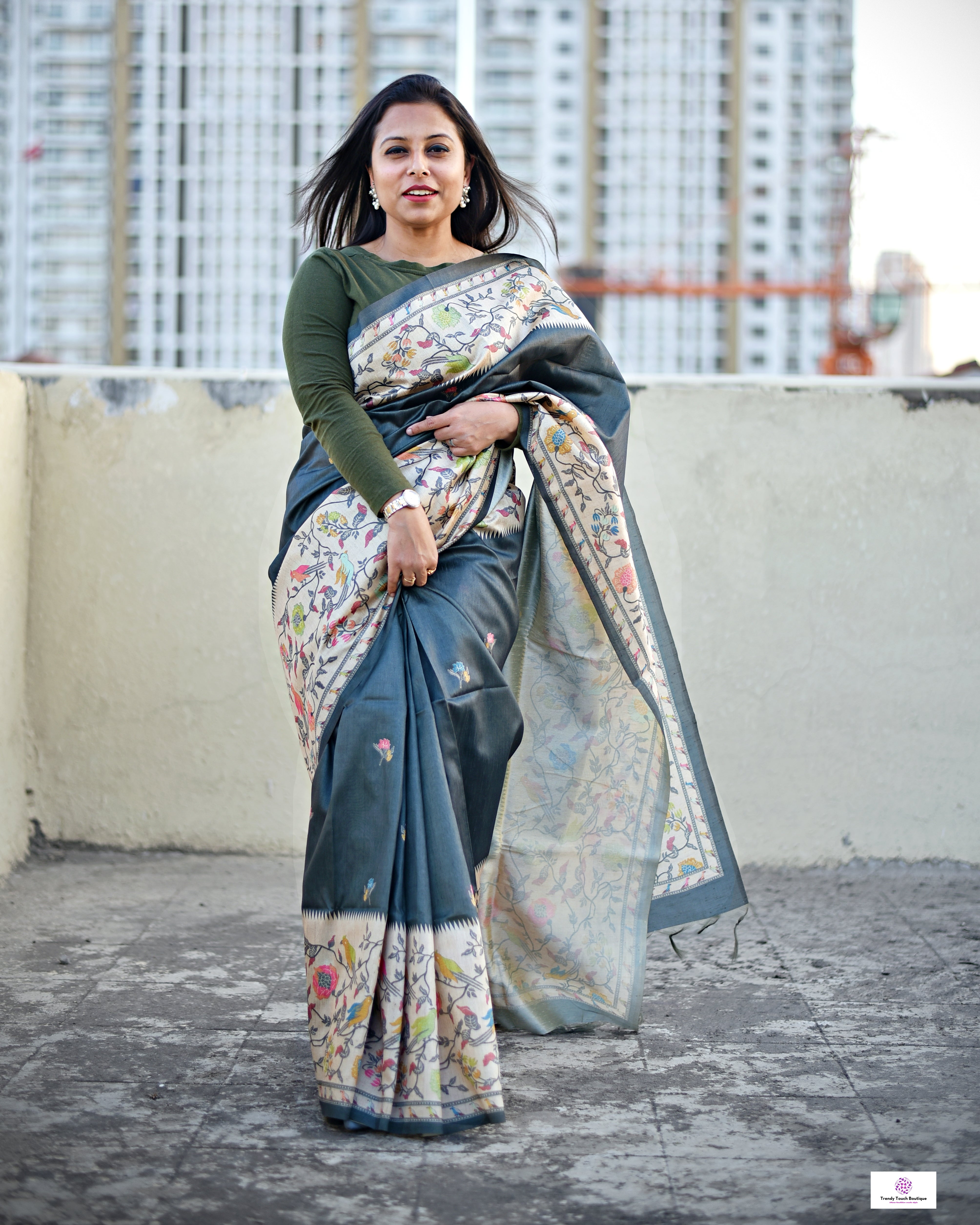 Dark Grey Green semi tussar silk aaree paithani pattern digital print for regular wear and casual function office for women with blouse piece and best price
