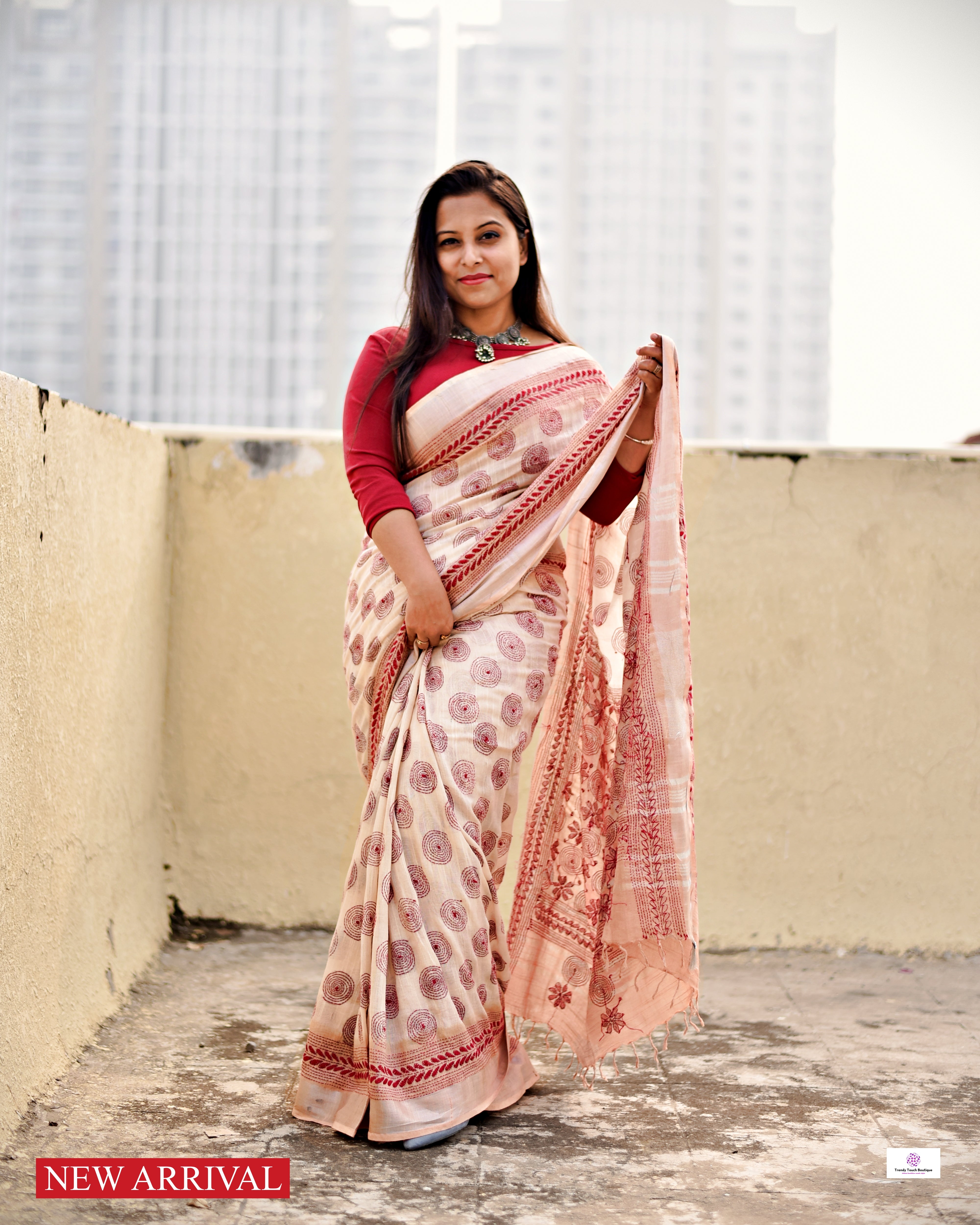 kantha handembroidered designer ivory and beige linen saree with blouse piece best price for office, casual and wedding wear.