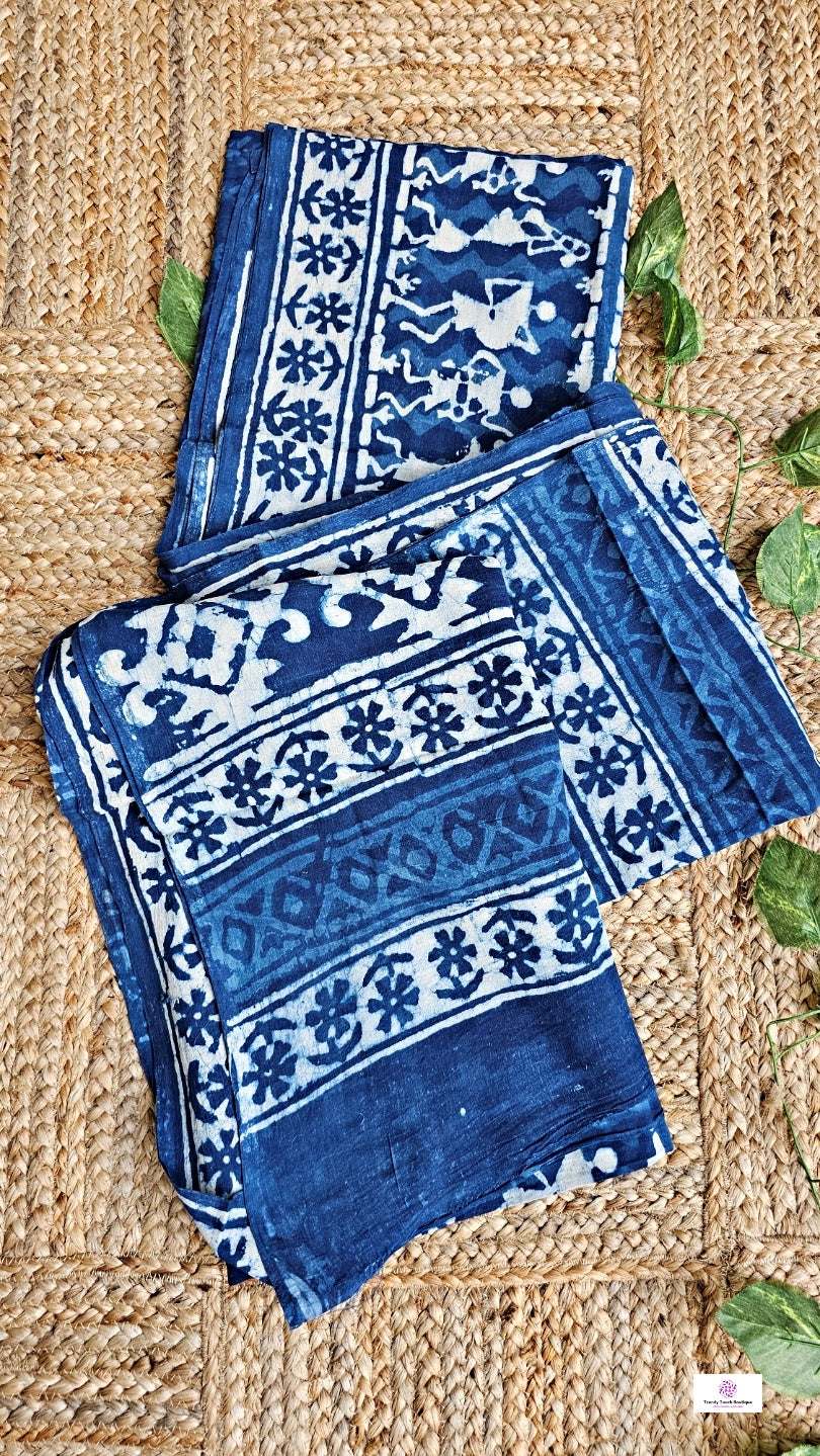 warli handblockprint indigo mulcotton saree with blouse piece for office and casual outings summer special