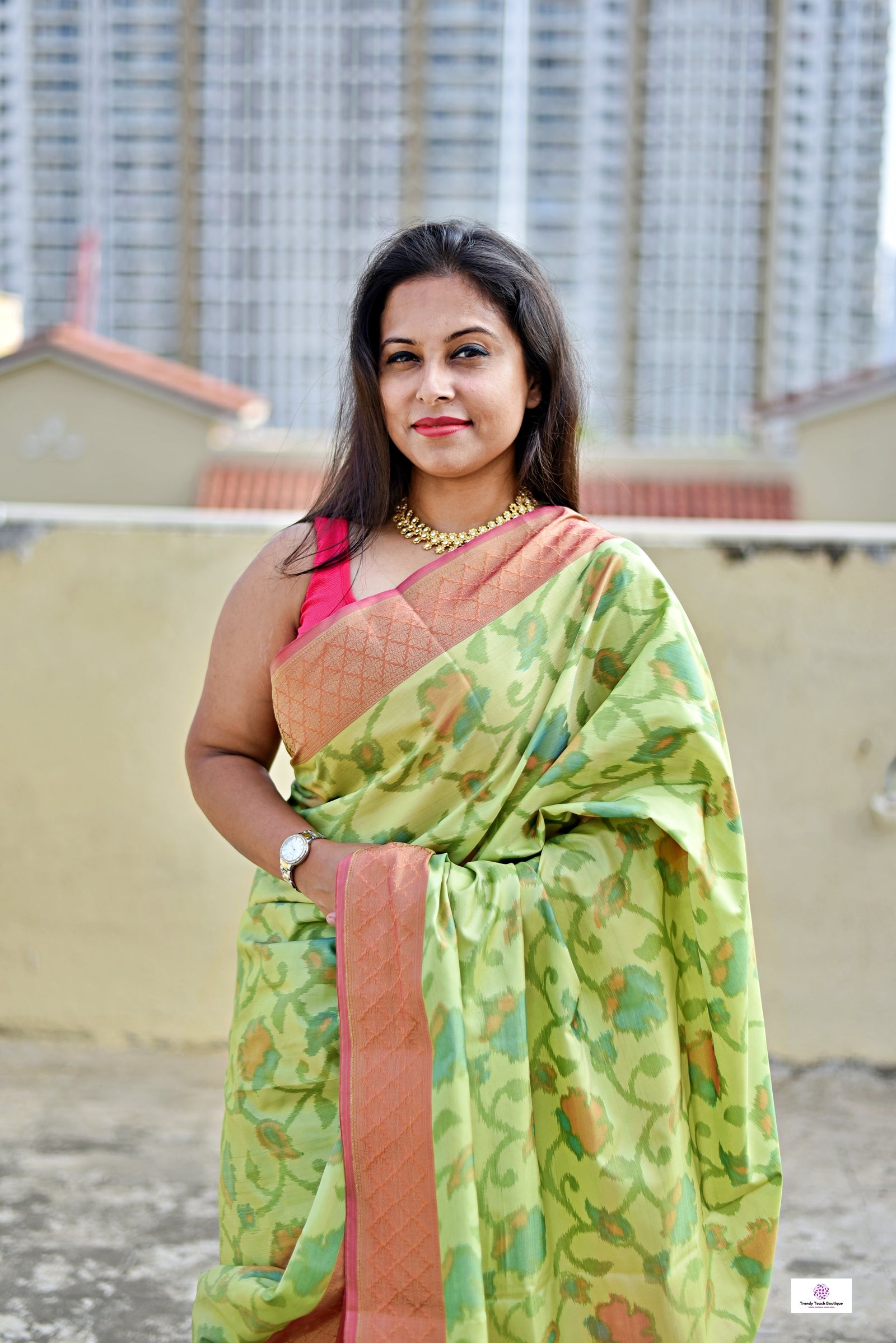 ikkat style digital print soft silk saree  green pink for haldi sangeet marriage bridal function puja and special ocassion with blouse piece best price