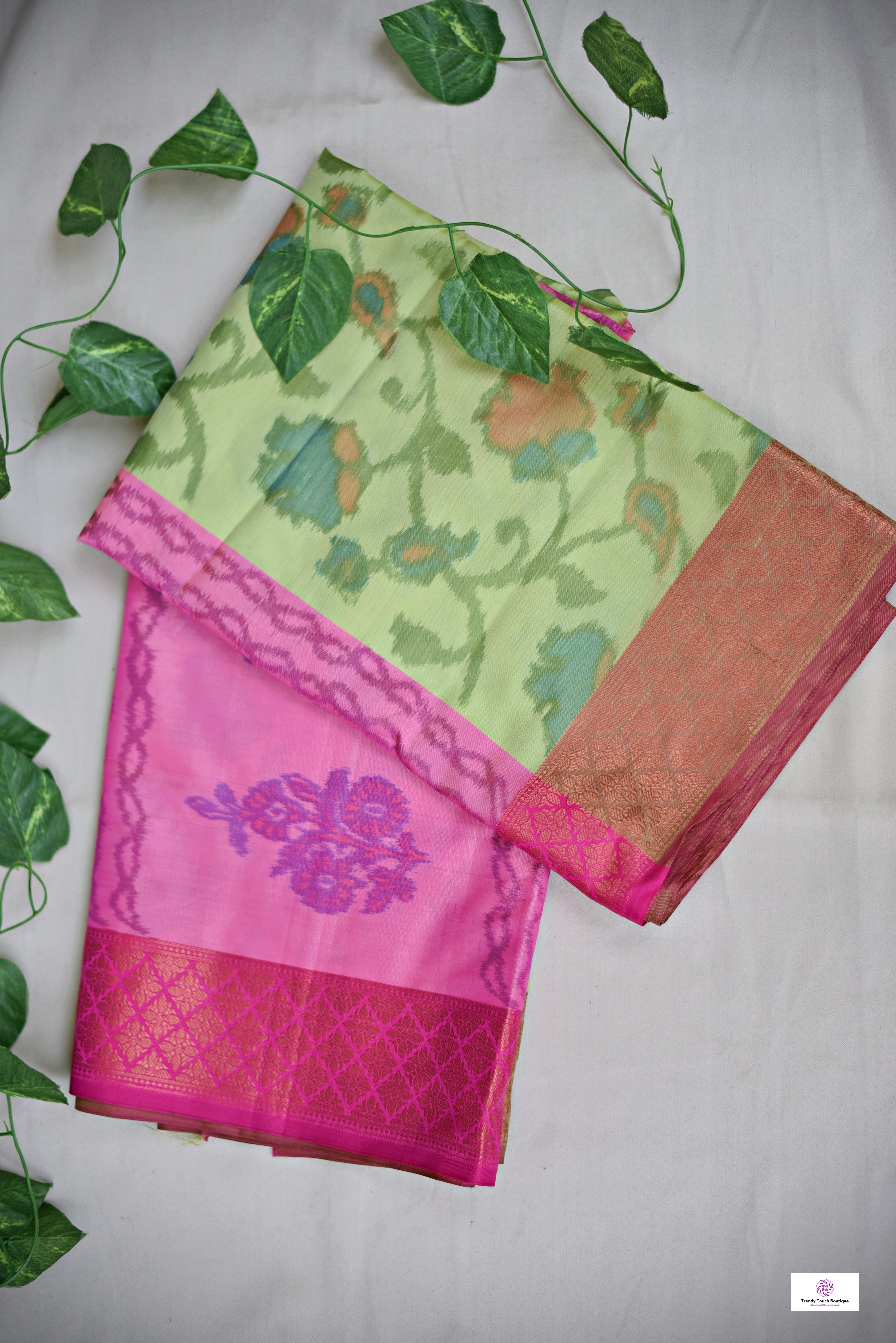 ikkat style digital print soft silk saree  green pink for haldi sangeet marriage bridal function puja and special ocassion with blouse piece best price