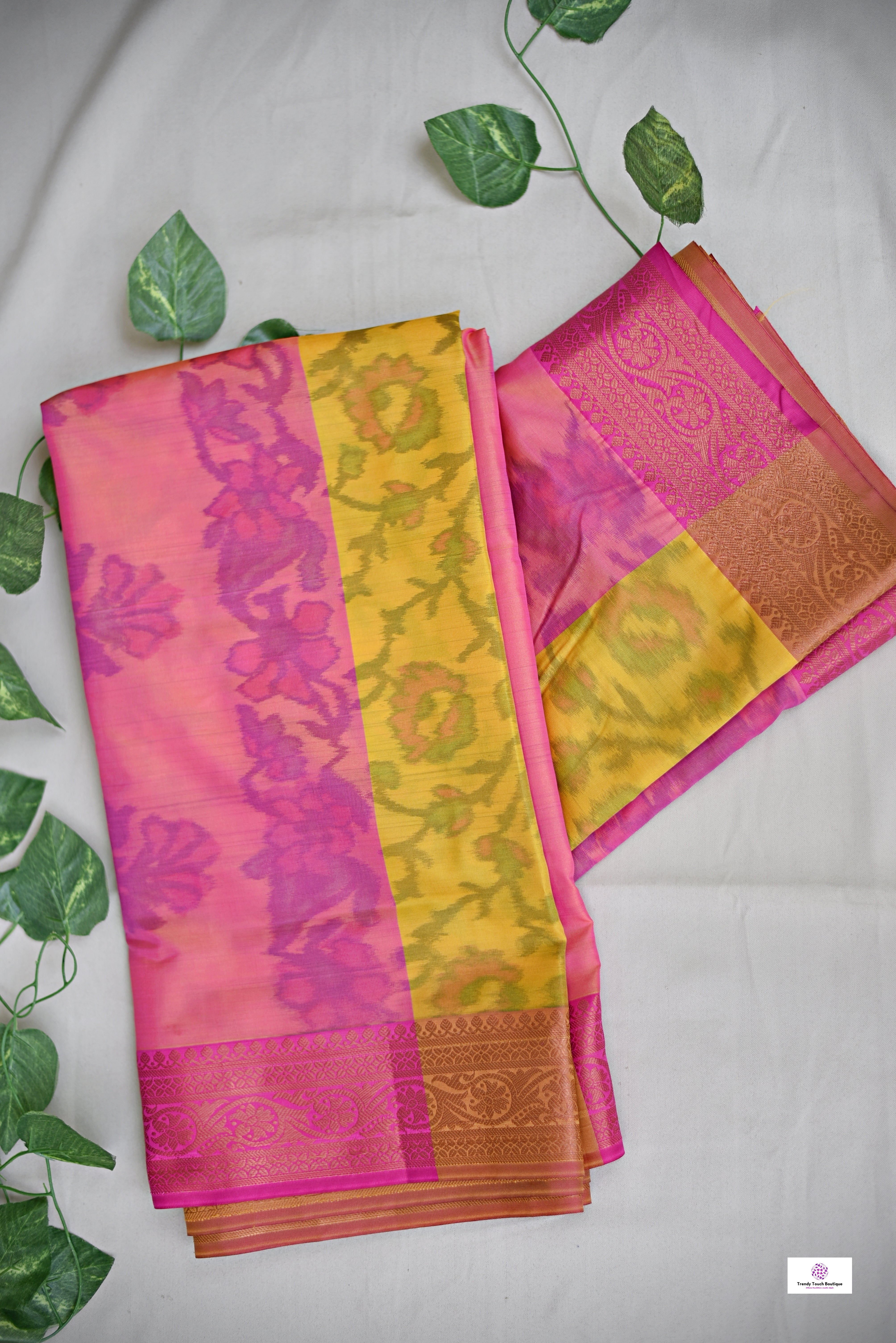 digital ikkat style soft silk yellow pink saree for puja and special functions marriage haldi ceremonies with blouse piece best price