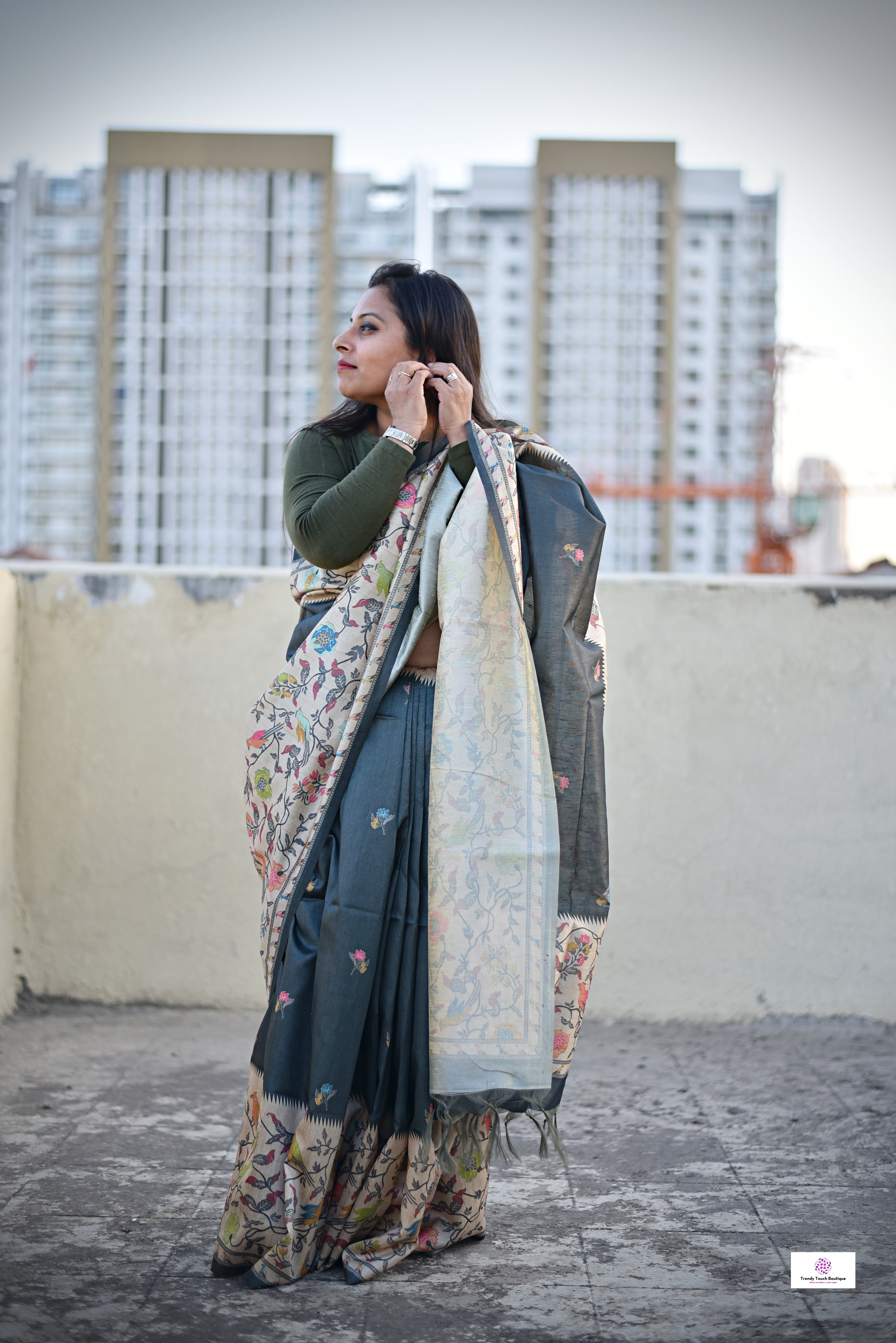 Dark Grey Green semi tussar silk aaree paithani pattern digital print for regular wear and casual function office for women with blouse piece and best price