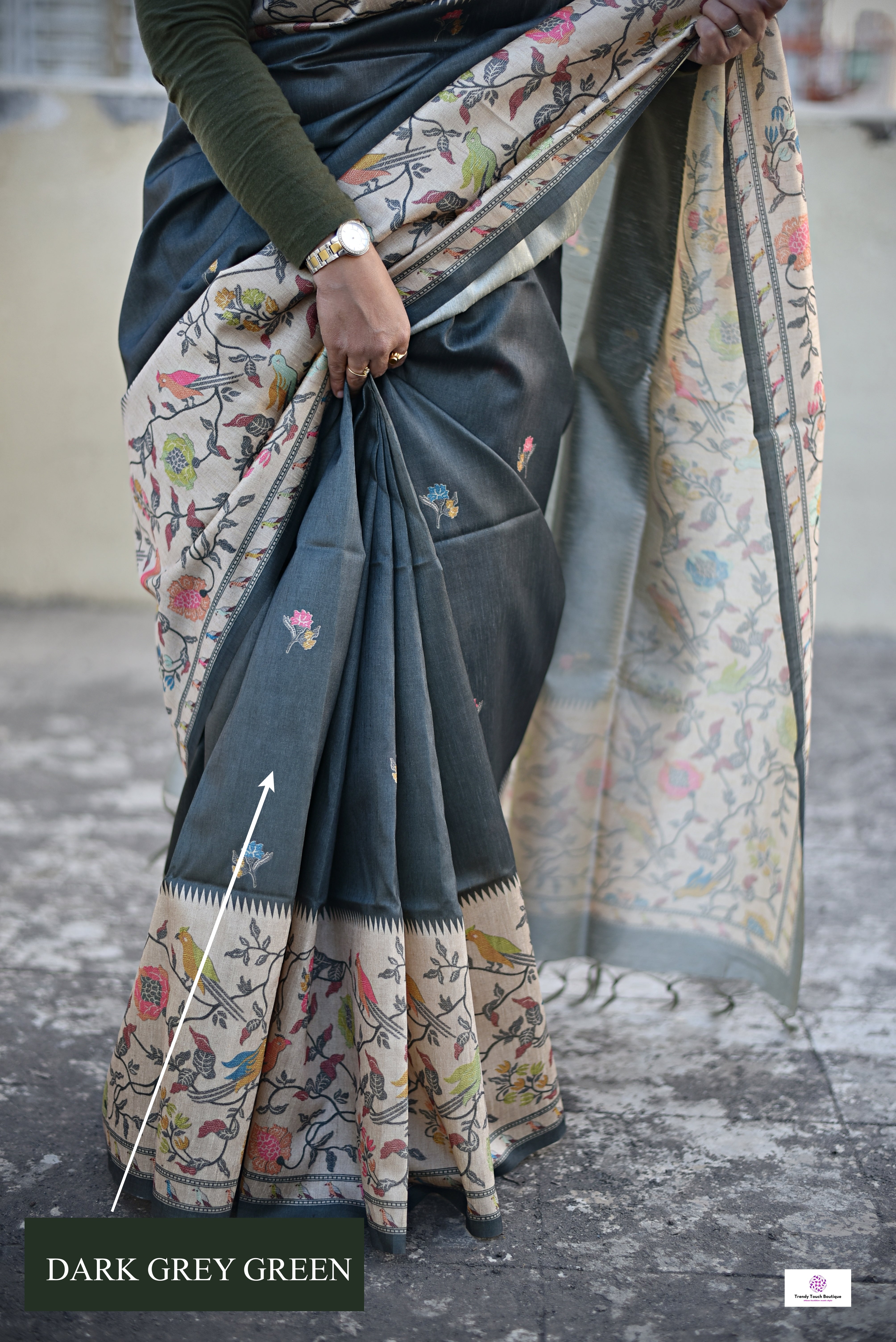 Dark Grey Green semi tussar silk aaree paithani pattern digital print for regular wear and casual function office for women with blouse piece and best price