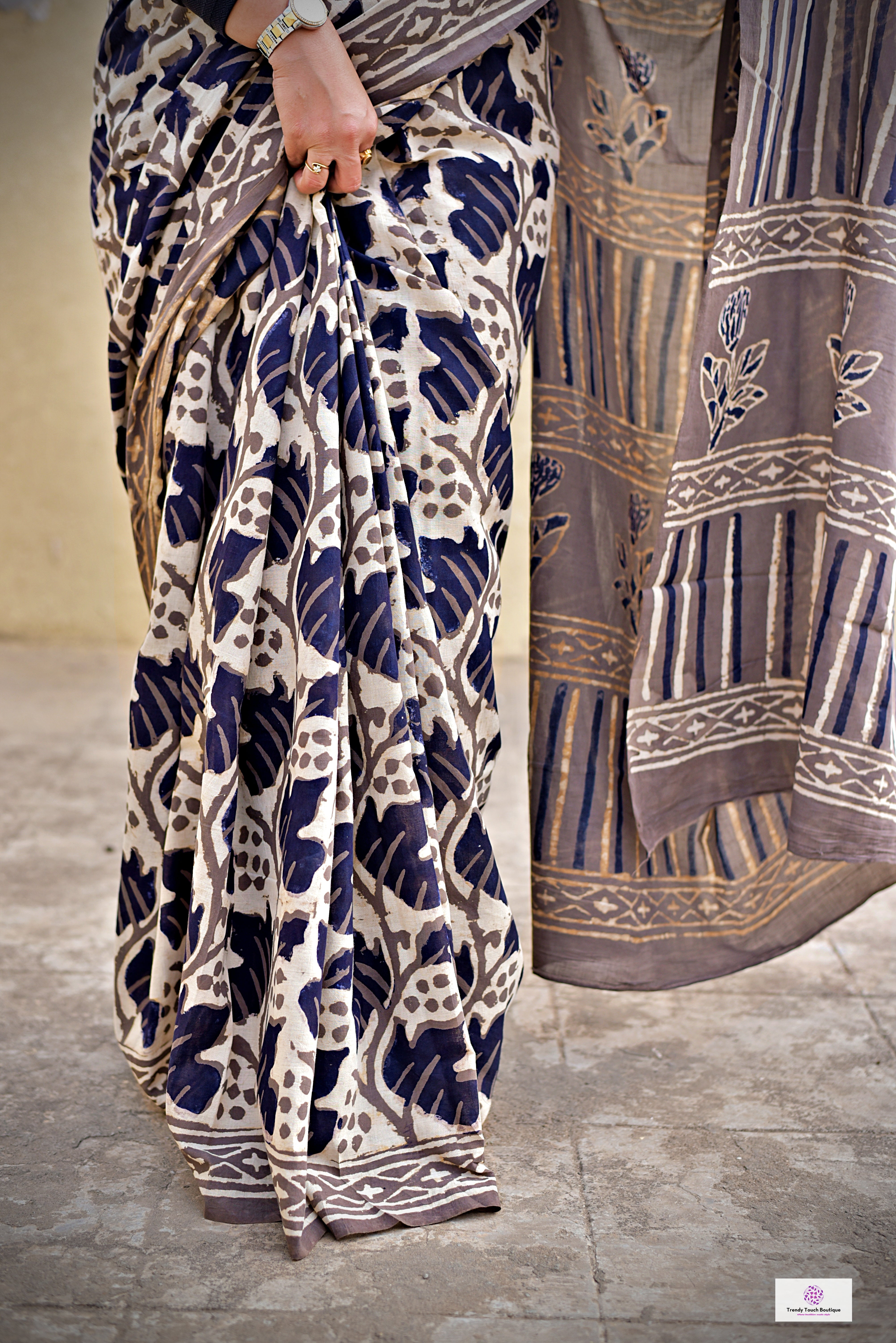 Black & Ash Grey Floral pattern Organic Handblock print in natural dye mul cotton saree office and casual styling best price best summer fabric with blouse piece