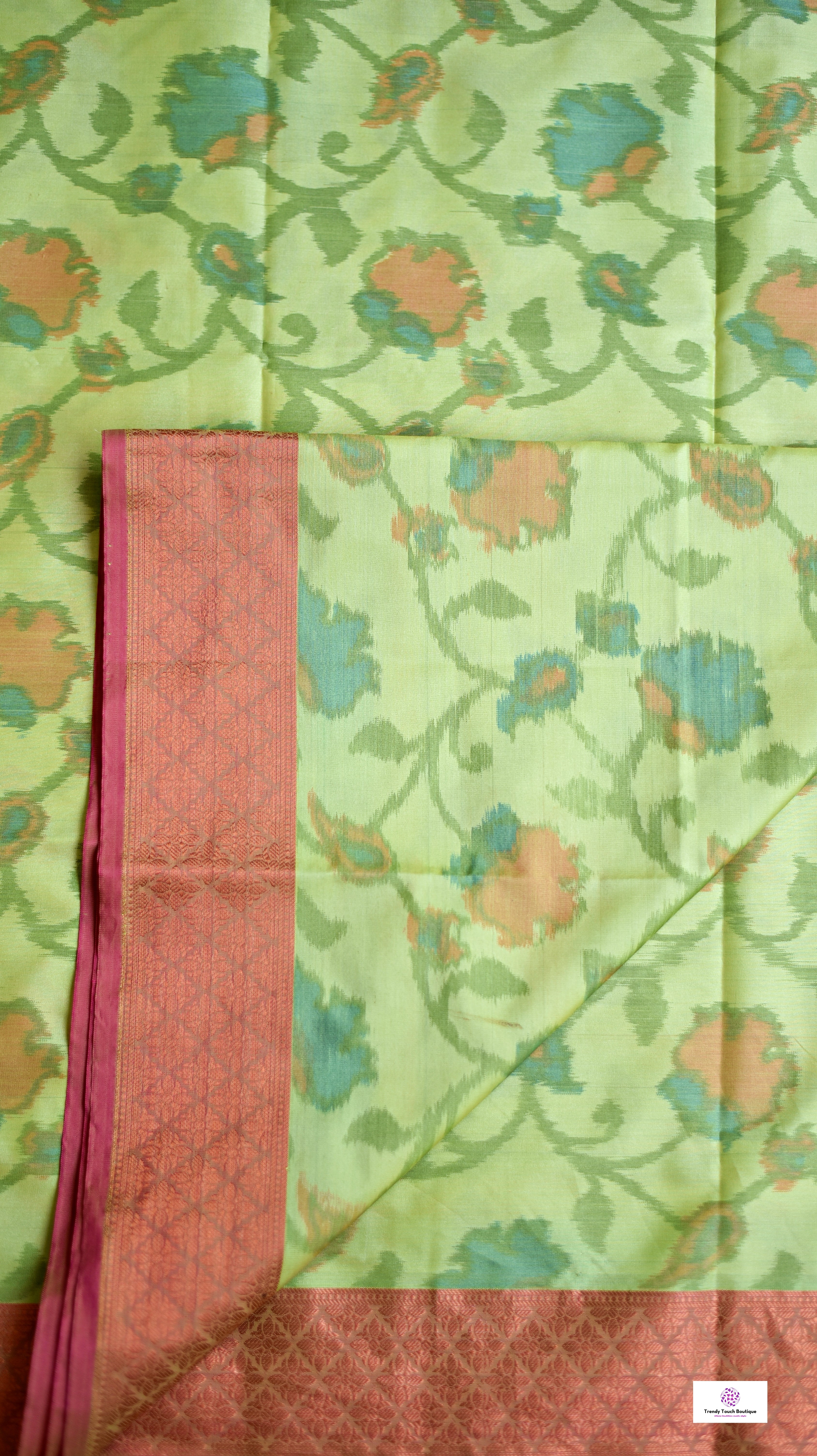 ikkat style digital print soft silk saree  green pink for haldi sangeet marriage bridal function puja and special ocassion with blouse piece best price